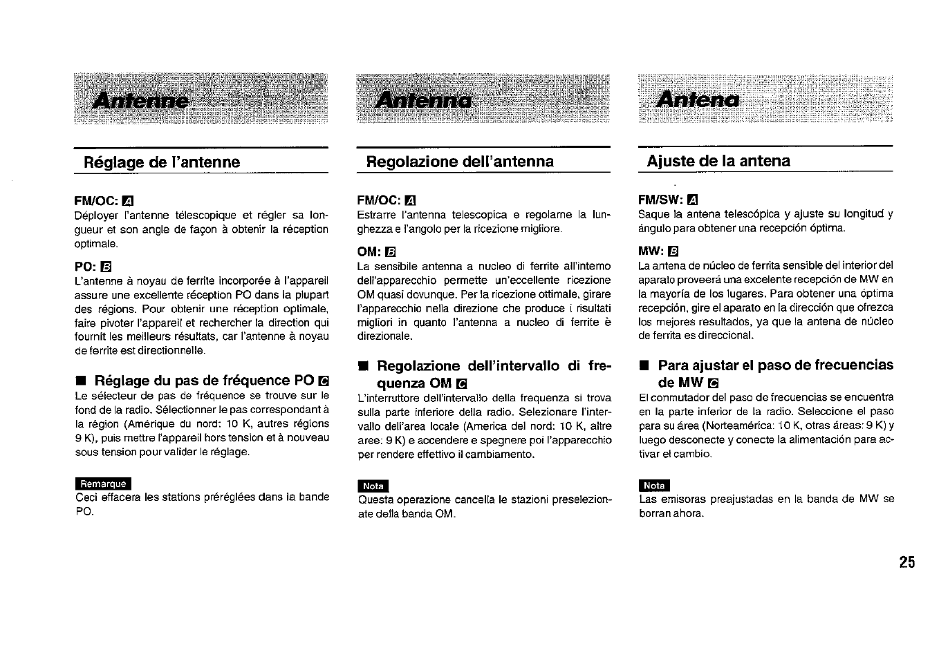 Réglage de l’antenne, Regolazione dell’antenna, Ajuste de la antena | Réglage du pas de fréquence po b, Regolazione deirintervallo di frequenza om b, Para ajustar el paso de frecuencias de mwb | Panasonic RFB33 User Manual | Page 25 / 79