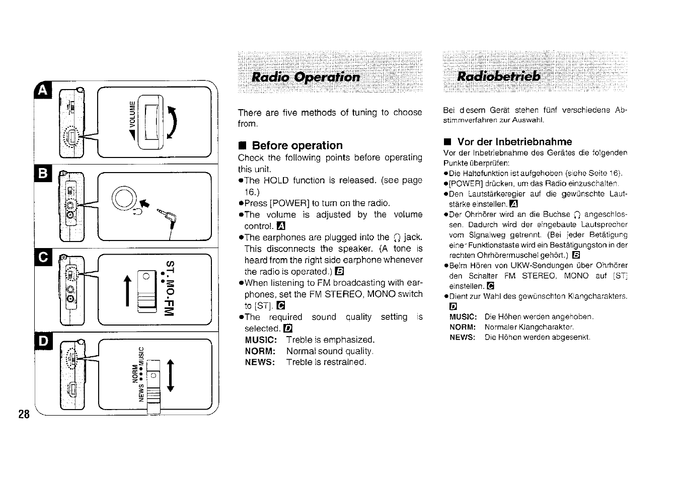 Before operation, Vor der inbetriebnahme, Radio operafion radiobefrieb | Panasonic RFB33 User Manual | Page 28 / 79