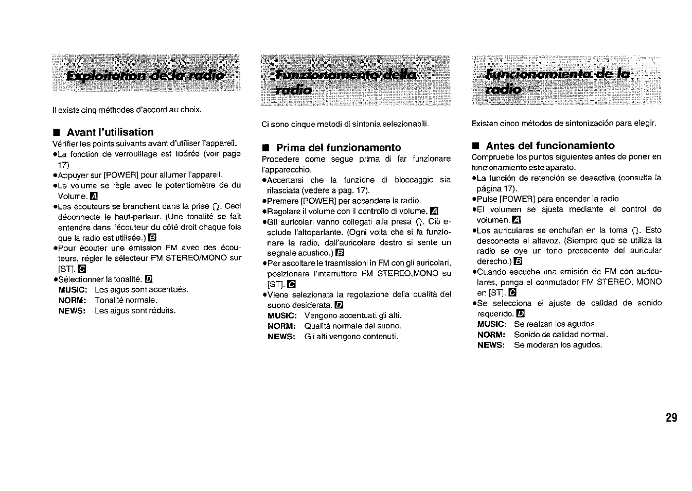 Avant l’utilisation, Prima del funzionamento, Antes del funcionamiento | Panasonic RFB33 User Manual | Page 29 / 79