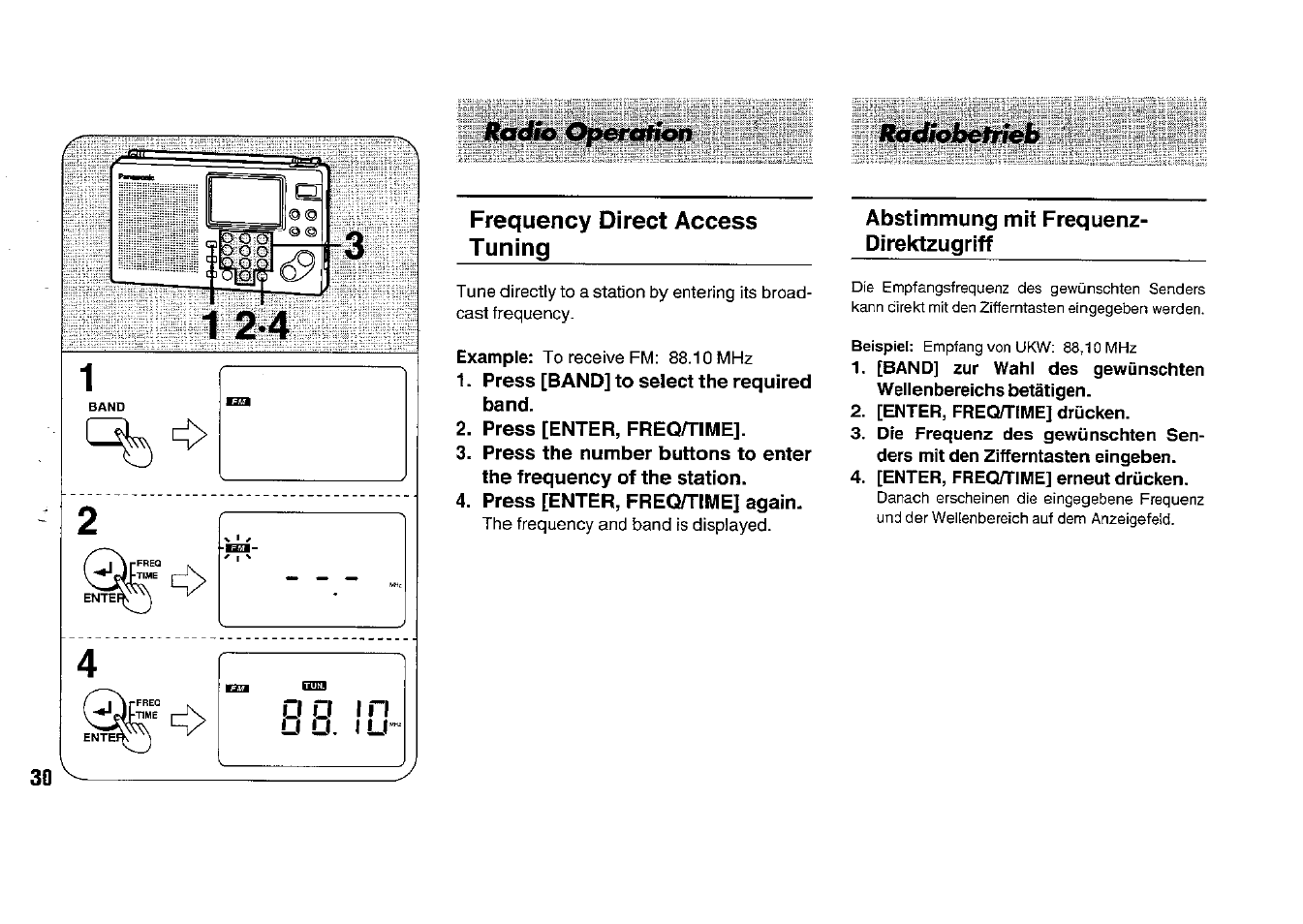 Press [band] to select the required band, Press [enter, freqatime, Press [enter, freq/time] again | Abstimmung mit frequenz- direktzugriff, P ö in o u. 1 u | Panasonic RFB33 User Manual | Page 30 / 79