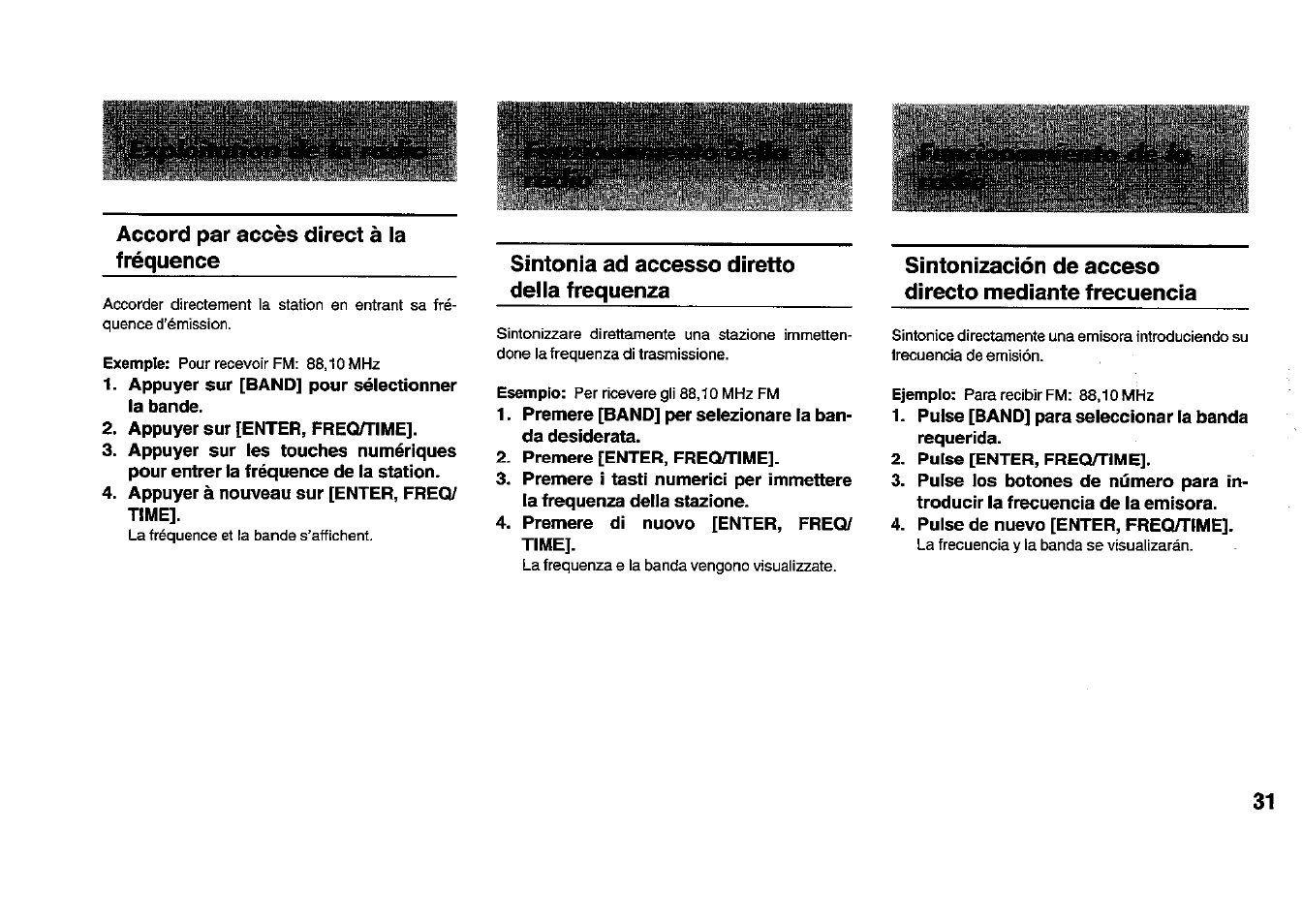 Accord par accès direct à la fréquence, Sintonia ad accesso diretto della frequenza | Panasonic RFB33 User Manual | Page 31 / 79