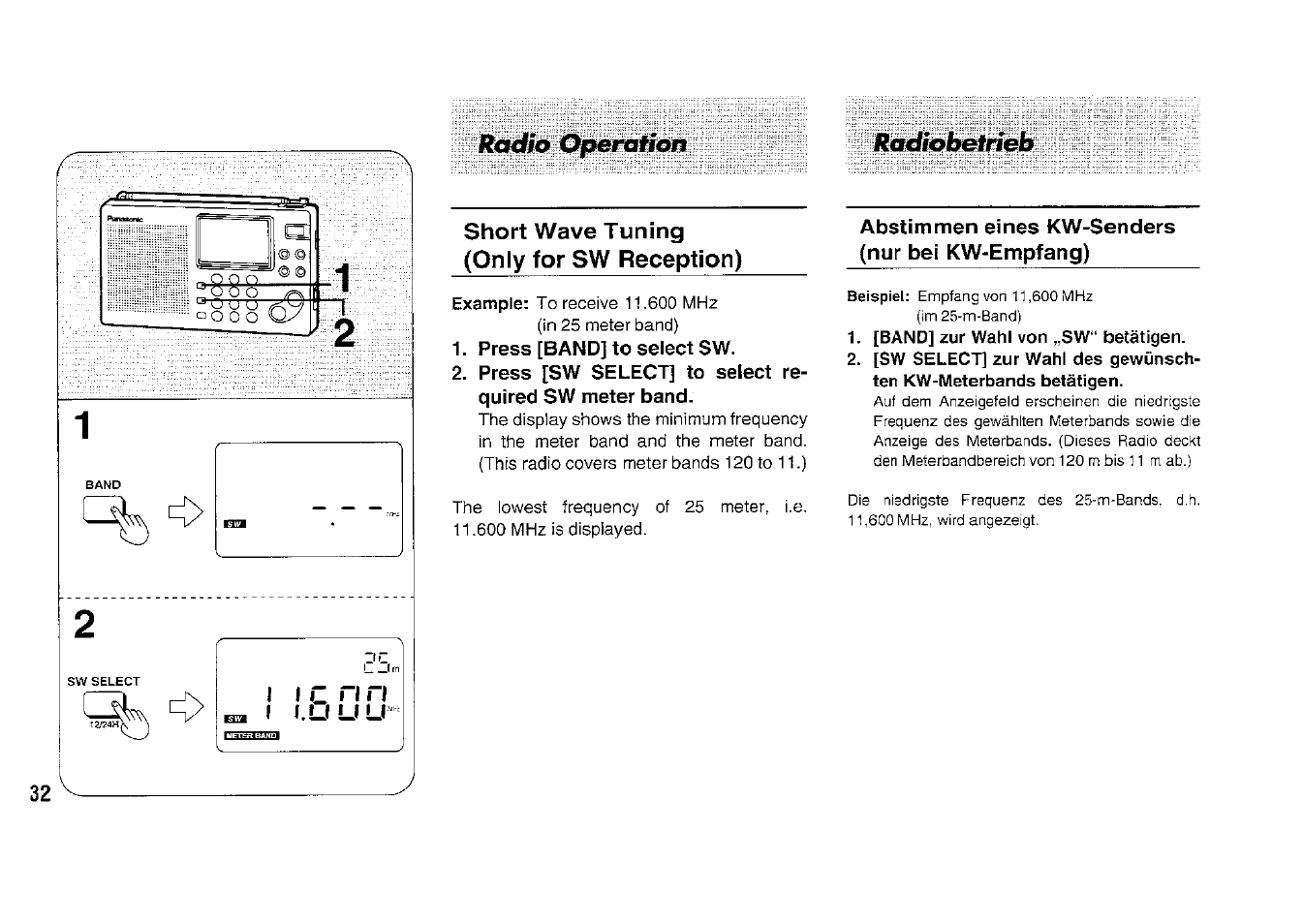 Short wave tuning (only for sw reception), Press [band] to select sw, Press [sw select] to select required sw meter band | Abstimmen eines kw-senders (nur bei kw-empfang), Radio operation radiobetrieb | Panasonic RFB33 User Manual | Page 32 / 79