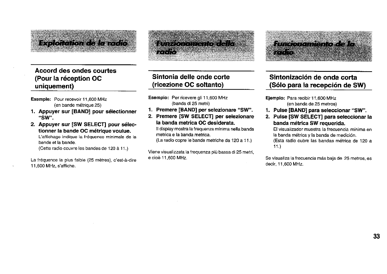 Appuyer sur [band] pour sélectionner “sw, Premere [band] per selezionare “sw, Pulse [band] para seleccionar “sw | Sintonia delle onde corte (ricezione oc soltanto) | Panasonic RFB33 User Manual | Page 33 / 79