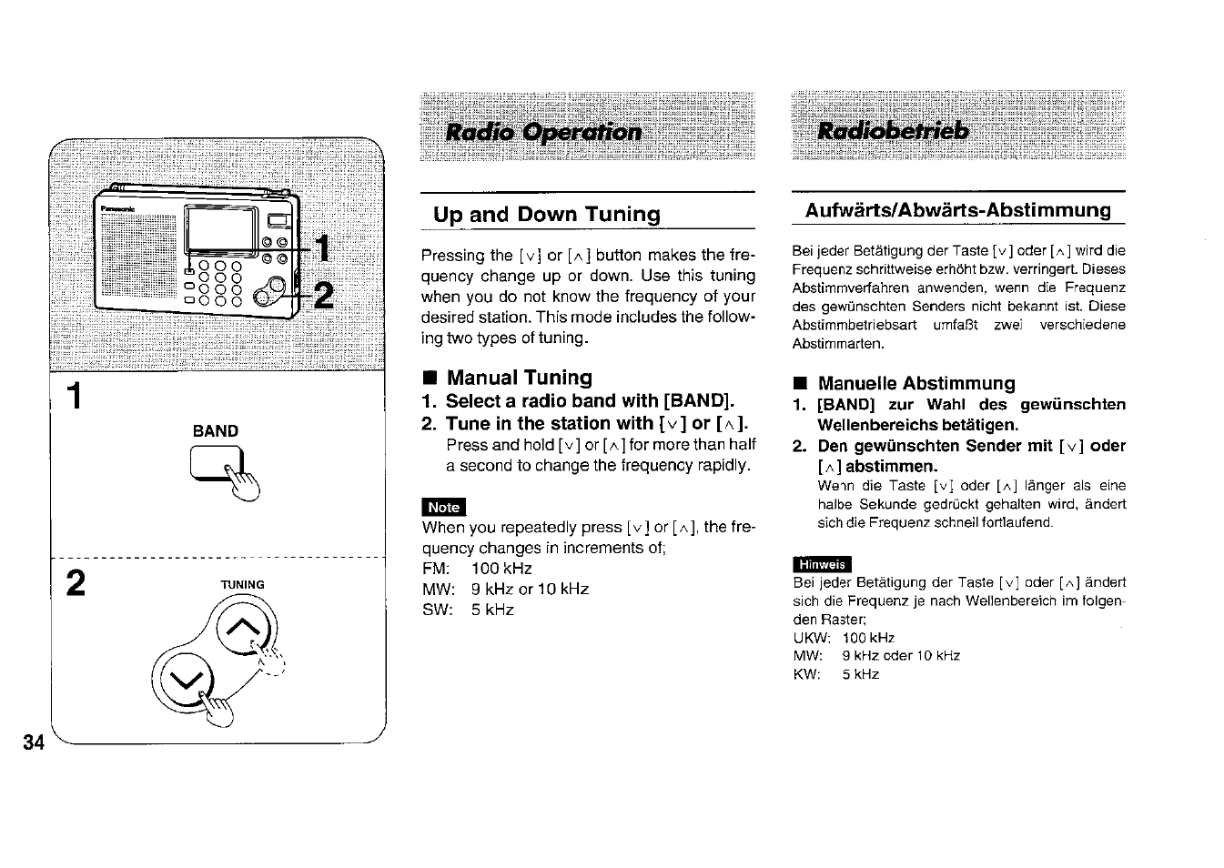 Manual tuning, Select a radio band with [band, Tune in the station with [v] or [л | Aufwärts/abwärts-abstimmung, Manuelle abstimmung, Up and down tuning | Panasonic RFB33 User Manual | Page 34 / 79