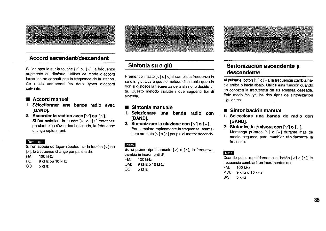 Accord ascendant/descendant, Accord manuel, Sélectionner une bande radio avec [band | Accorder la station avec [ v ] ou [ л, Sintonia su e giù, Sintonia manuale, Selezionare una banda radio con [band, Sintonizzare la stazione con [v] o [a, Sintonización ascendente y descendente, Sintonización manual | Panasonic RFB33 User Manual | Page 35 / 79