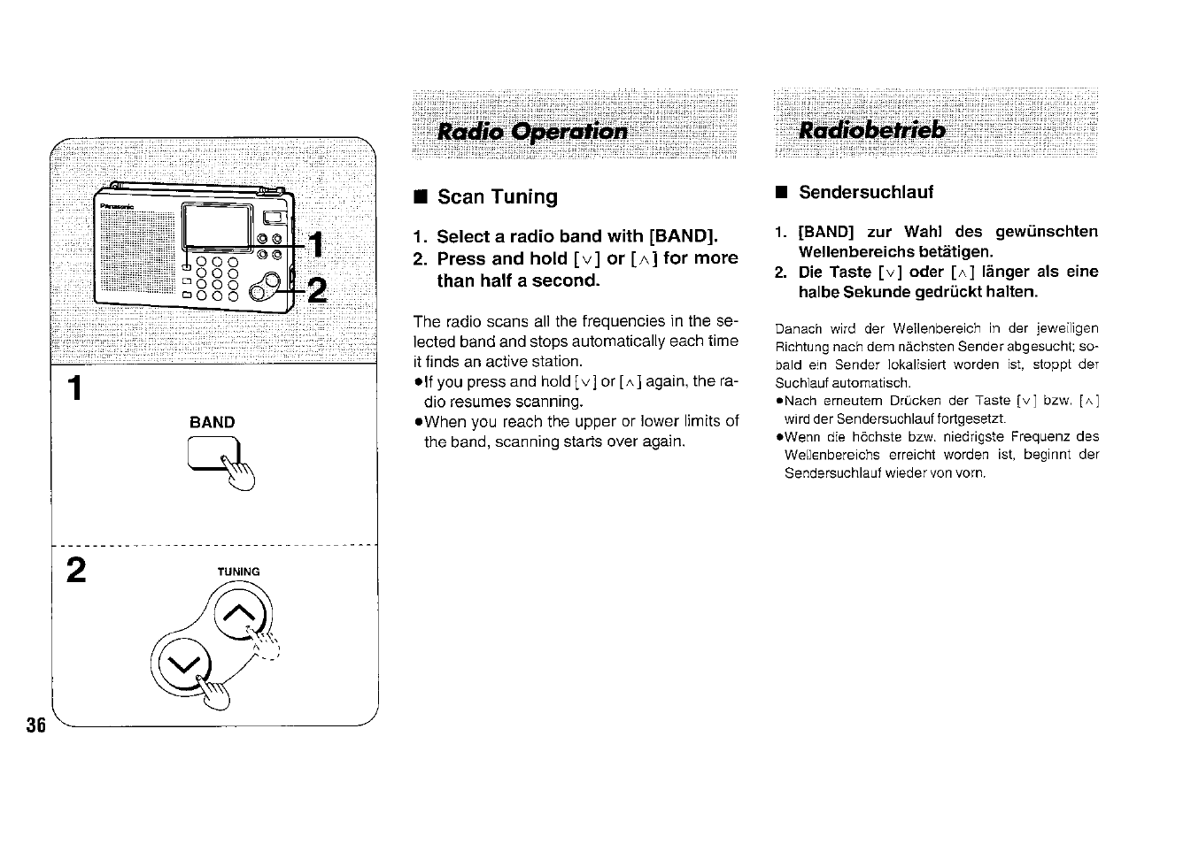 Sendersuchlauf, Radiobefrieb, Radio operohon | Panasonic RFB33 User Manual | Page 36 / 79