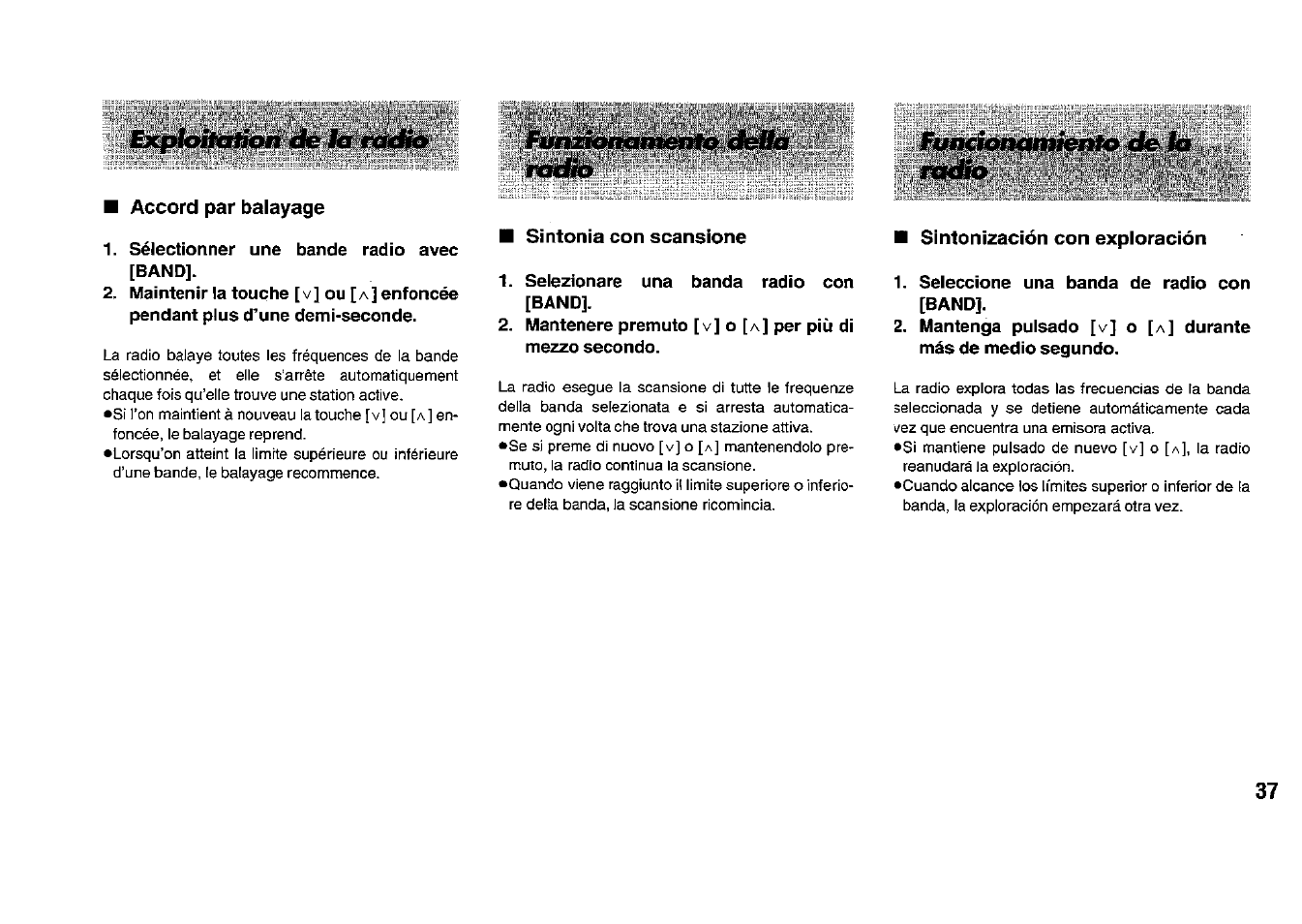 Accord par balayage, Sintonia con scansione, Sintonización con exploración | Panasonic RFB33 User Manual | Page 37 / 79