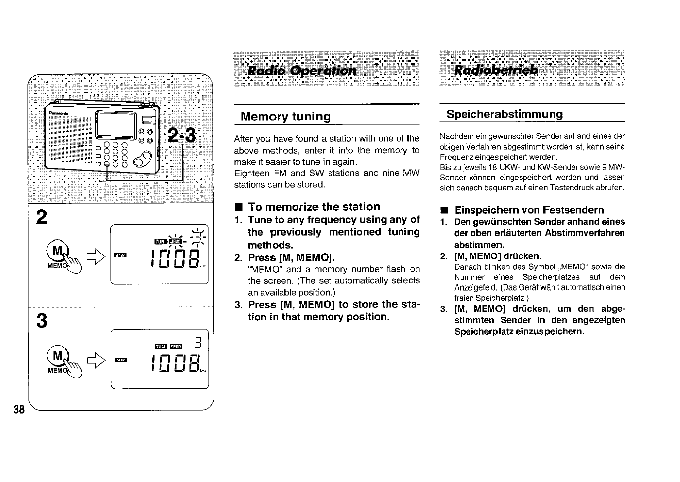 Memory tuning, Speicherabstimmung, To memorize the station | Press [m, memo, Einspeichern von festsendern, [m, memo] drücken, Radio openxtion | Panasonic RFB33 User Manual | Page 38 / 79