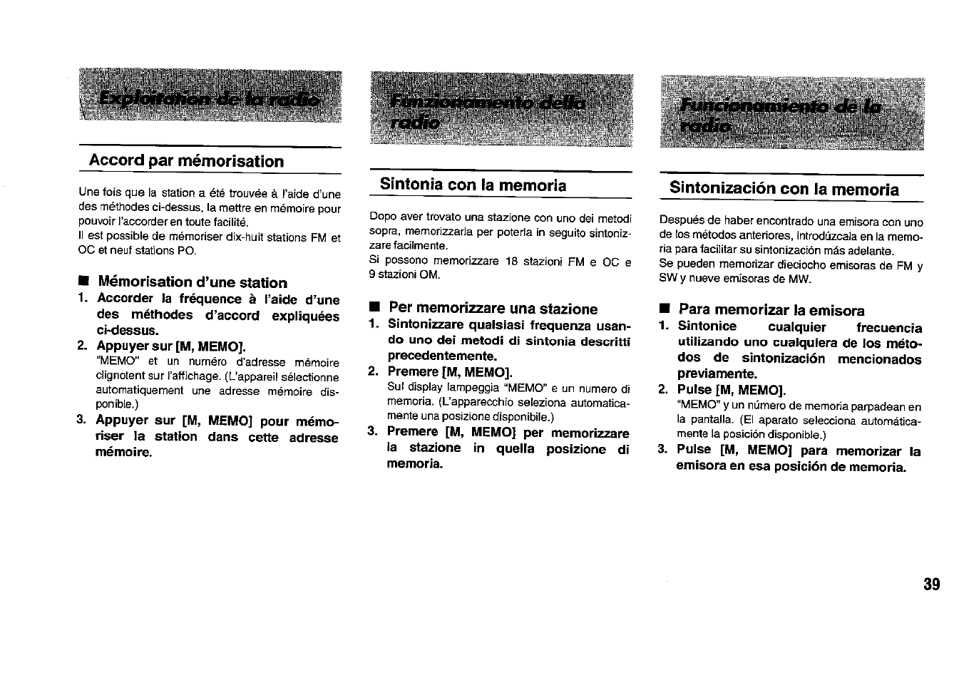 Mémorisation d’une station, Appuyer sur [m, memo, Per memorizzare una stazione | Premere [m, memo, Para memorizar la emisora, Pulse [m, memo | Panasonic RFB33 User Manual | Page 39 / 79