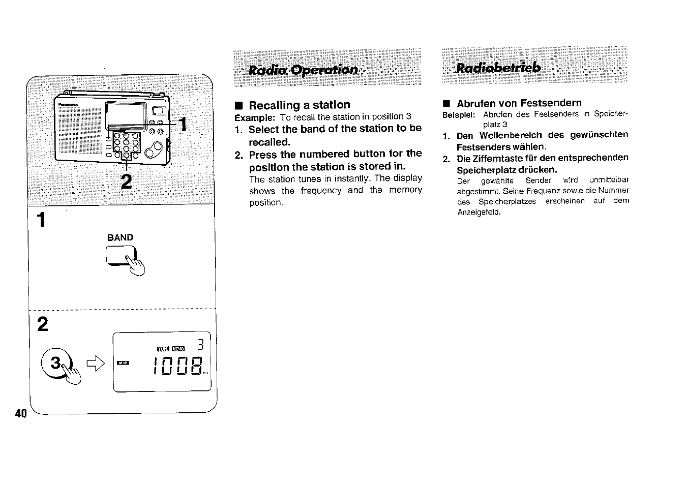 Abrufen von festsendern, Radio opercrfion, Ratbobbfheb | Panasonic RFB33 User Manual | Page 40 / 79