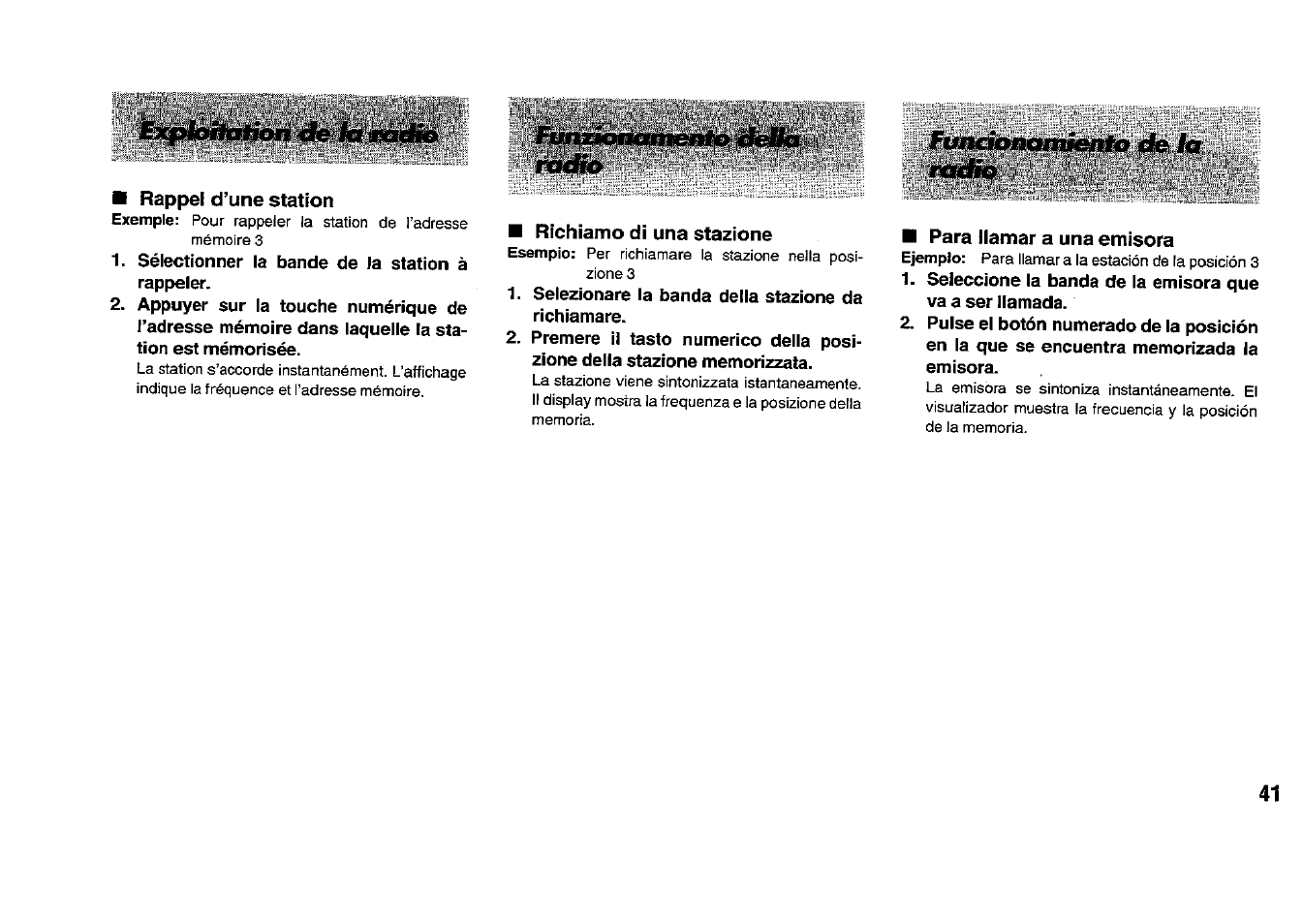 Rappel d’une station, Para llamar a una emisora | Panasonic RFB33 User Manual | Page 41 / 79