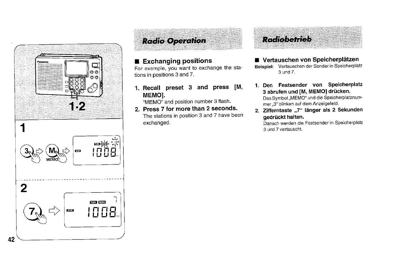 Exchanging positions, Recall preset 3 and press [m, memo, Press 7 for more than 2 seconds | Vertauschen von speicherplätzen, Radio operahm, Radiobetrieb | Panasonic RFB33 User Manual | Page 42 / 79