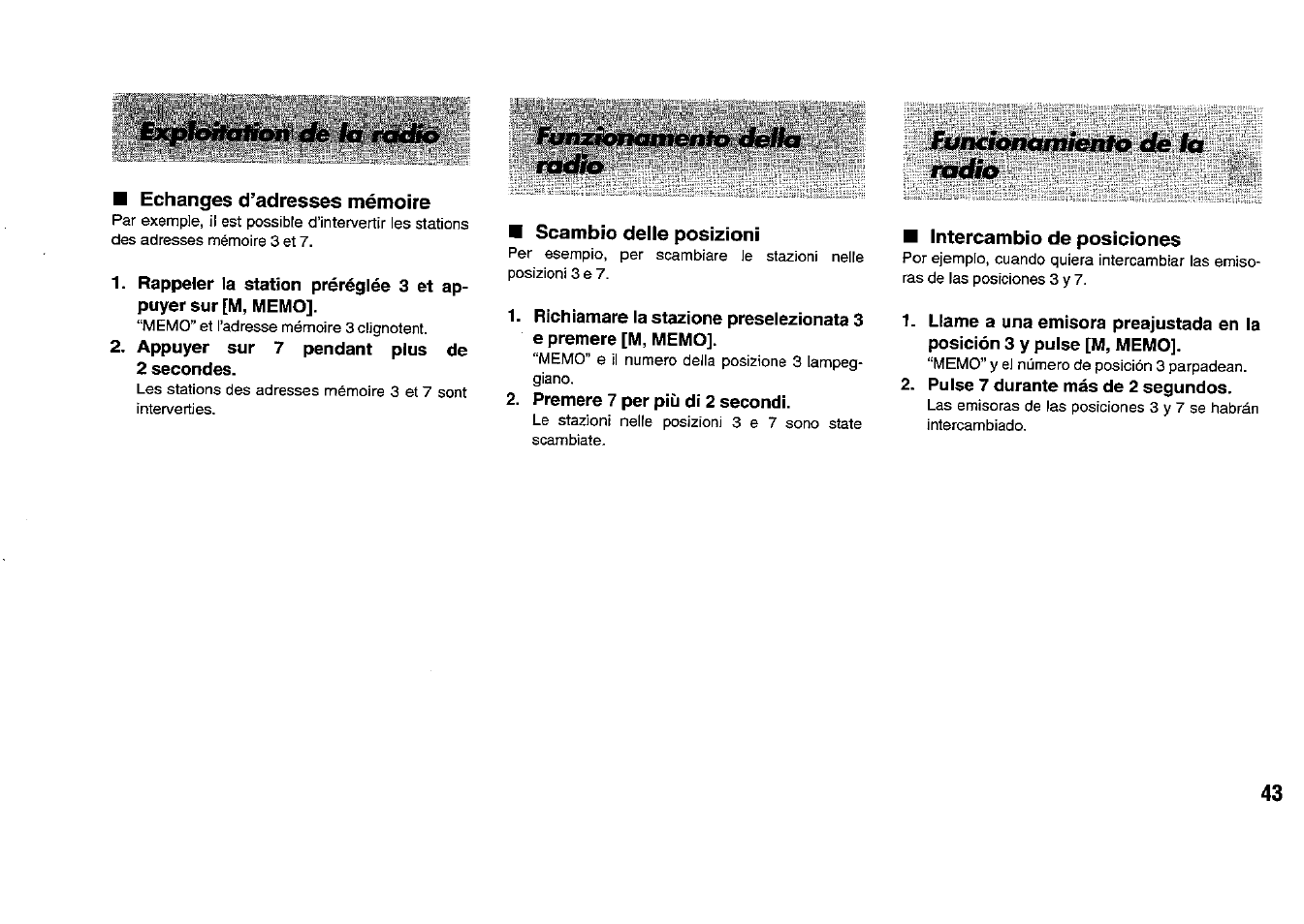 Echanges d’adresses mémoire, Appuyer sur 7 pendant plus de 2 secondes, Scambio delle posizioni | Premere 7 per più di 2 secondi, Intercambio de posiciones, Pulse 7 durante más de 2 segundos | Panasonic RFB33 User Manual | Page 43 / 79