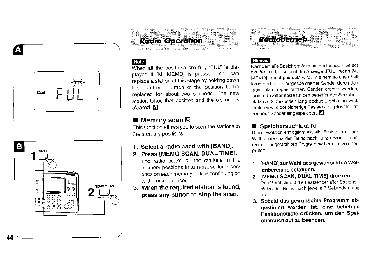 Rocfio operafipn, Memory scan eh, Select a radio band with [band | Press [memo scan, dual time, Speichersuchlauf h, Radiabefyieb, Nach kurz abzustimmen | Panasonic RFB33 User Manual | Page 44 / 79