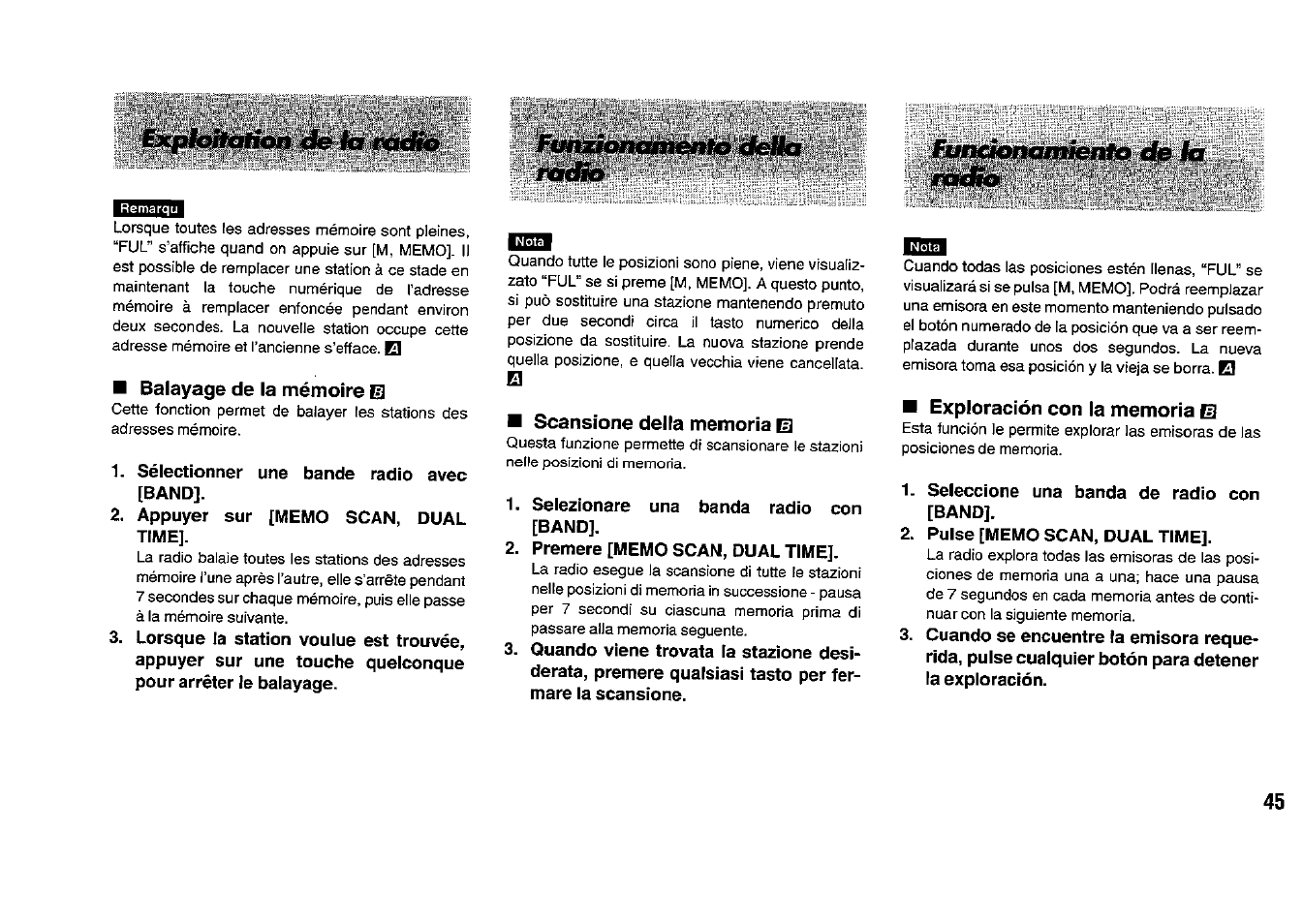 Rúéii, Balayage de la mémoire e3, Sélectionner une bande radio avec [band | Appuyer sur [memo scan, dual time, Scansione della memoria m, Selezionare una banda radio con [band, Premere [memo scan, dual time, Seleccione una banda de radio con [band, Pulse [memo scan, dual time | Panasonic RFB33 User Manual | Page 45 / 79