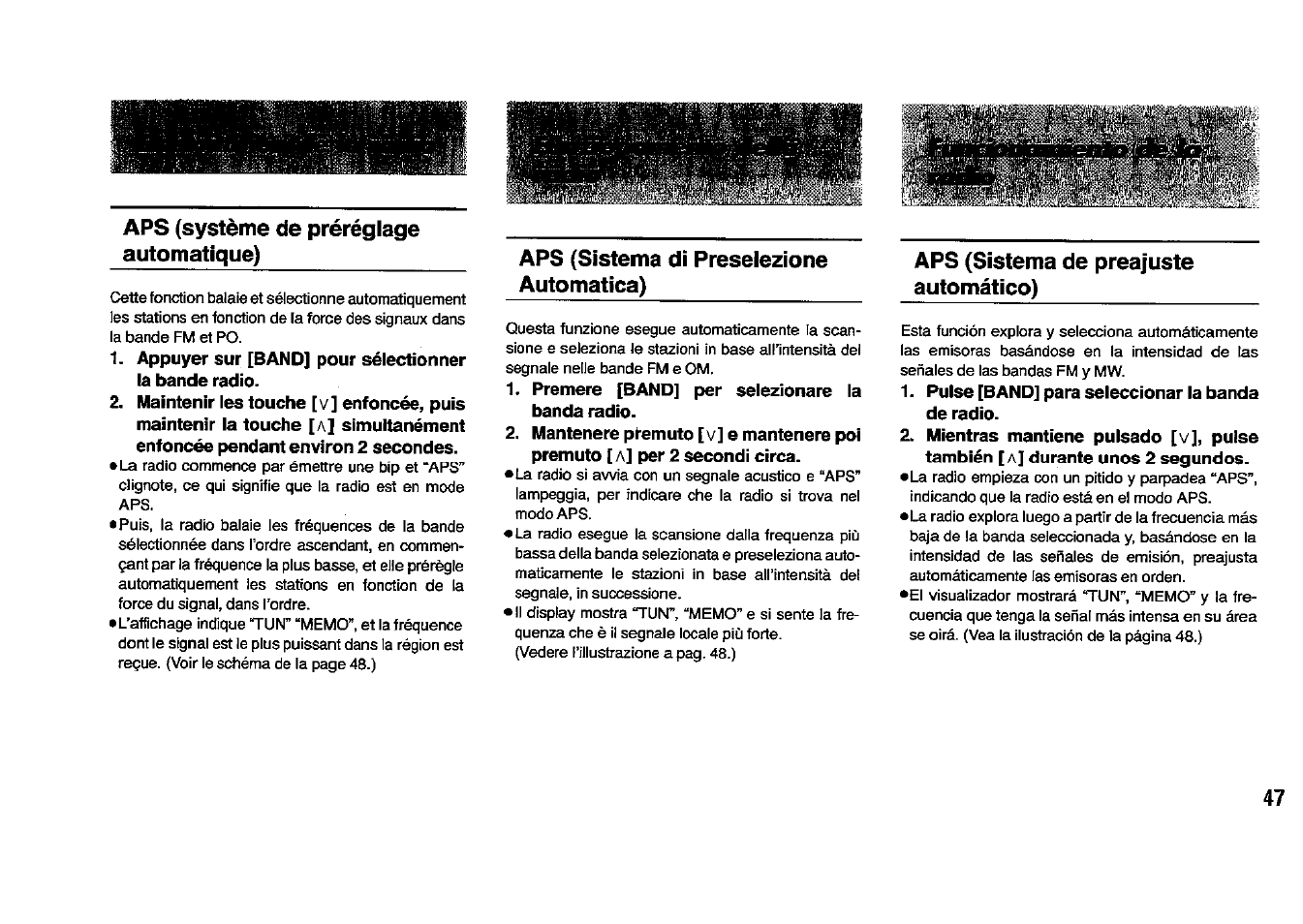 Aps (système de préréglage automatique), Aps (sistema di preselezione automatica), Aps (sistema de preajuste automático) | Panasonic RFB33 User Manual | Page 47 / 79