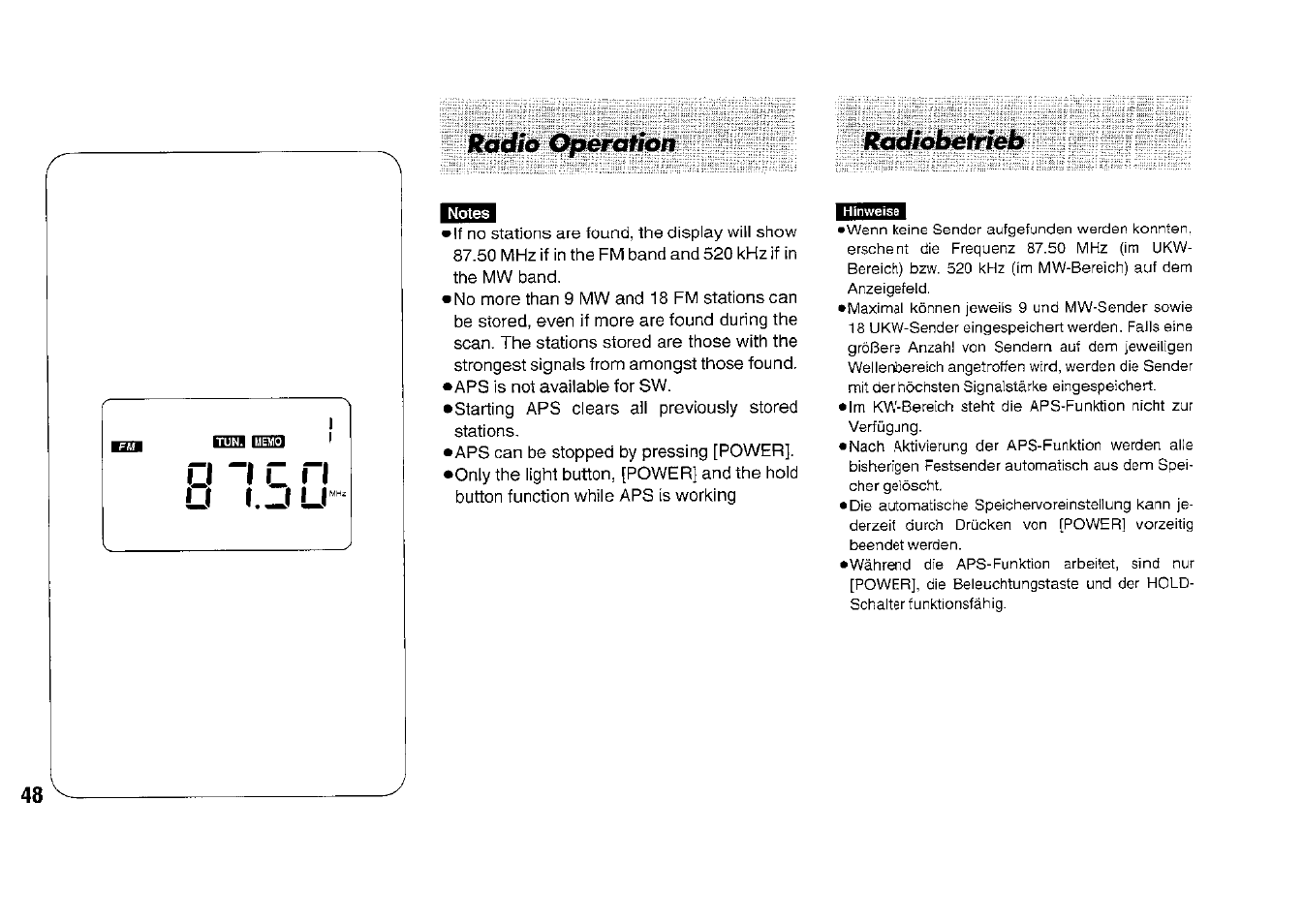 Radia ^p&mtìon radiobetrieb | Panasonic RFB33 User Manual | Page 48 / 79
