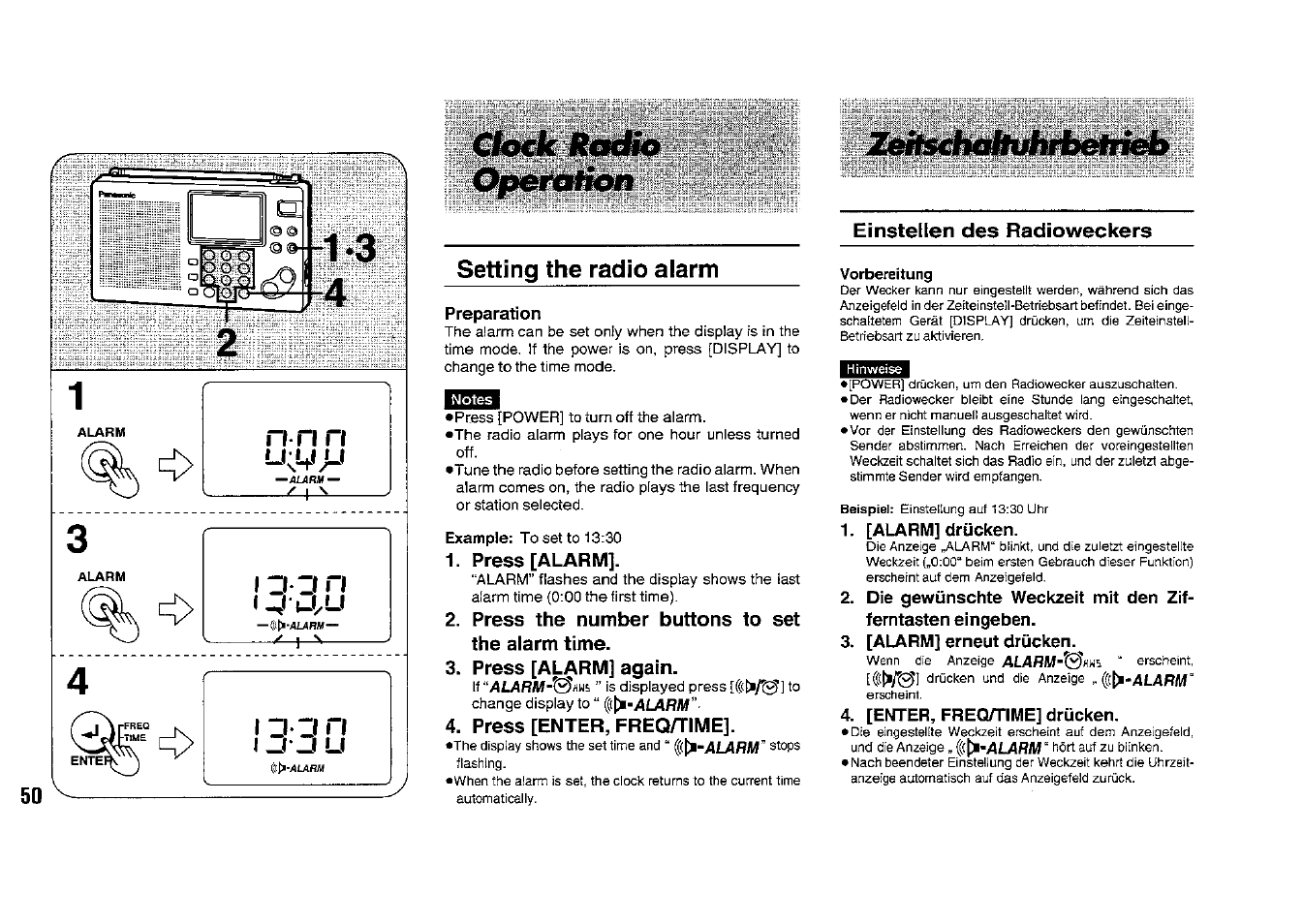 Setting the radio alarm, Preparation, Press [alarm | Press the number buttons to set the alarm time, Press [alarm] again, Press [enter, freq/time, Einstellen des radioweckers, [alarm] drücken, [alarm] erneut drücken, [enter, freoyrime] drücken | Panasonic RFB33 User Manual | Page 50 / 79
