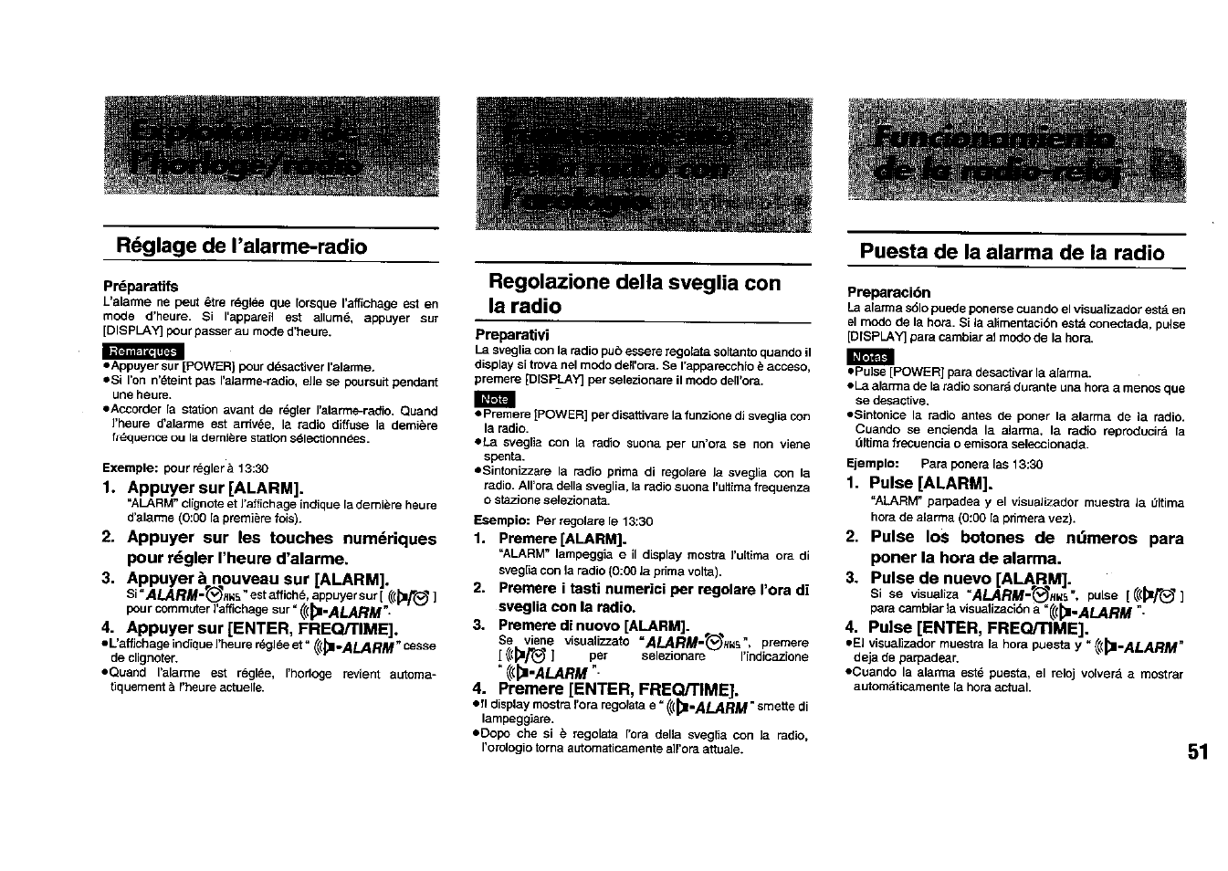 Appuyer sur [alarm, Appuyer nouveau sur [alarm, Appuyer sur [enter, freq^ime | Premere [enter, frecvtime, Pulse [alarm, Pulse de nuevo [alarm, Pulse [enter, freomme, Réglage de ralarme-radio, Regolazione della sveglia con la radio, Puesta de la alarma de la radio | Panasonic RFB33 User Manual | Page 51 / 79