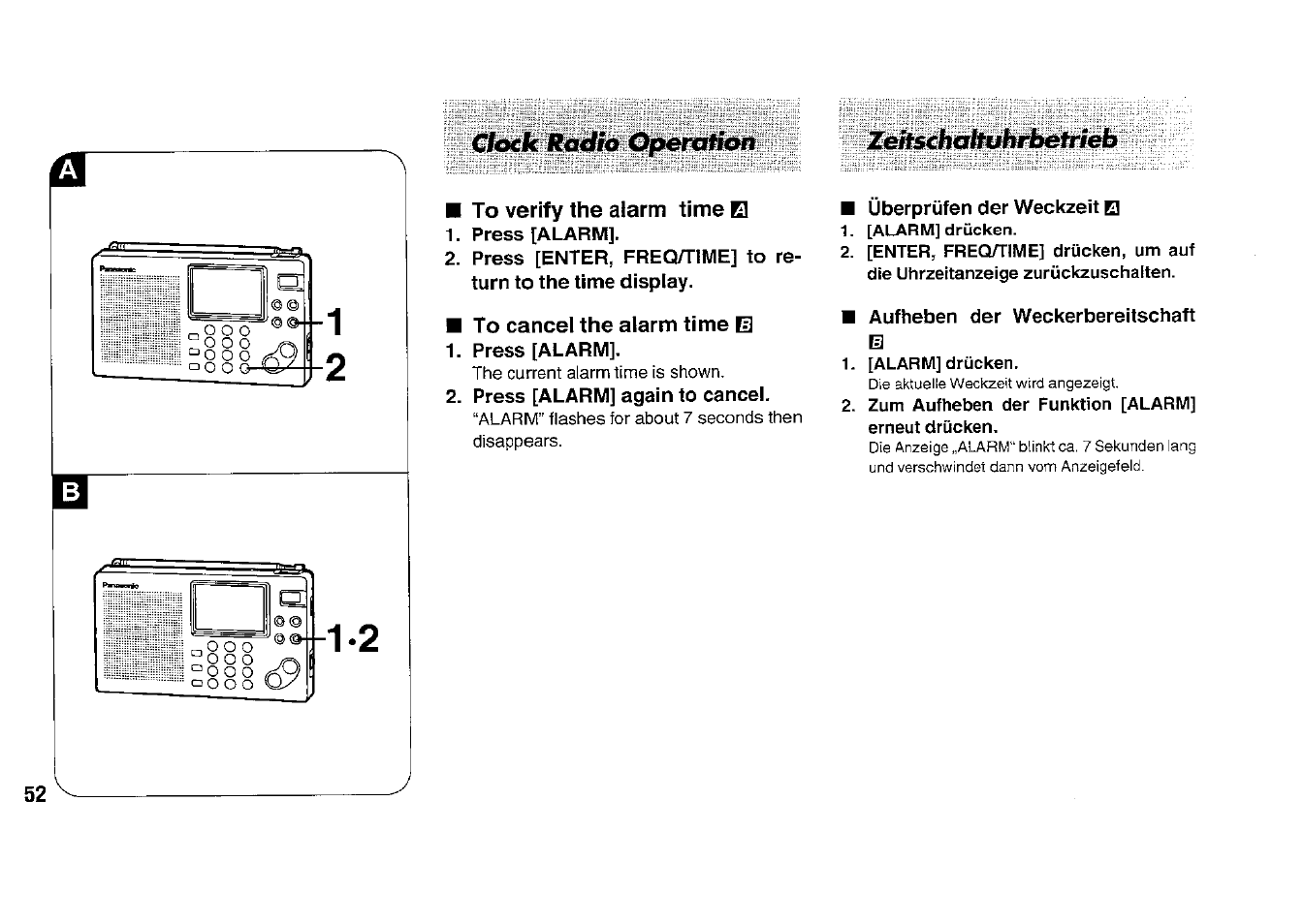 To verify the alarm time b, Press [alarm, To cancel the alarm time m press [alarm | Press [alarm] again to cancel, Überprüfen der weckzeit 0, Aufheben der weckerbereitschaft | Panasonic RFB33 User Manual | Page 52 / 79