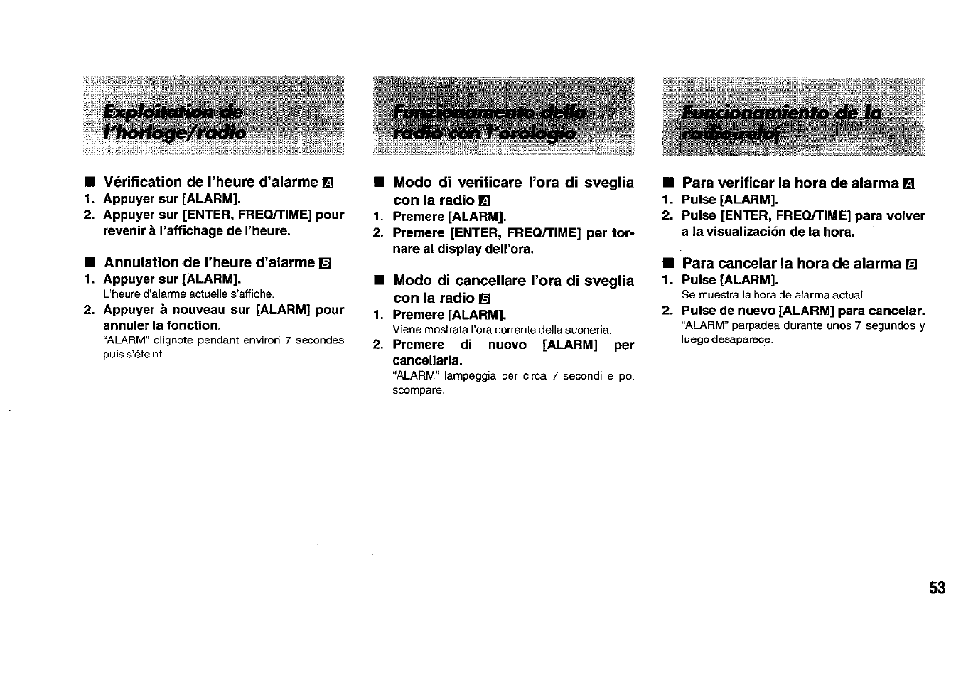 Vérification de l’heure d’alarme q, Annulation de l’heure d’alarme s, Modo di verificare l’ora di sveglia con la radio q | Para verificar la hora de alarma el, Para cancelar la hora de alarma m | Panasonic RFB33 User Manual | Page 53 / 79