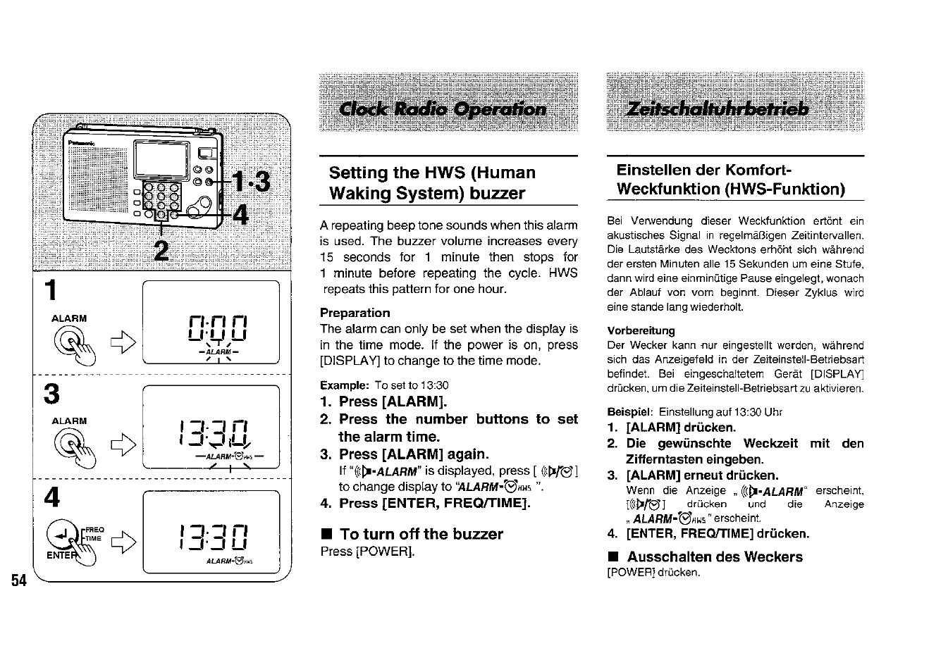 Setting the hws (human waking system) buzzer, Press [alarm, Press the number buttons to set the alarm time | Press [alarm] again, Press [enter, freq/time, To turn off the buzzer, Ausschalten des weckers | Panasonic RFB33 User Manual | Page 54 / 79