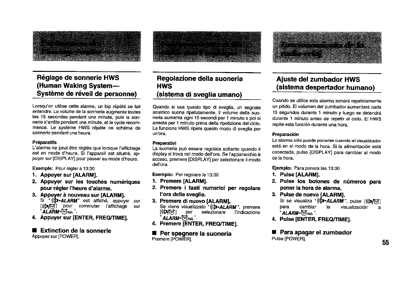 Appuyer sur [alarm, Appuyer à nouveau sur [alarm, Appuyer sur [enter, freq/time | Extinction de la sonnerie, Regolazione della suoneria hws, Sistema di sveglia umano), Premere [alarm, Premere di nuovo [alarm, Premere [enter, freq/rme, Per spegnere la suoneria | Panasonic RFB33 User Manual | Page 55 / 79