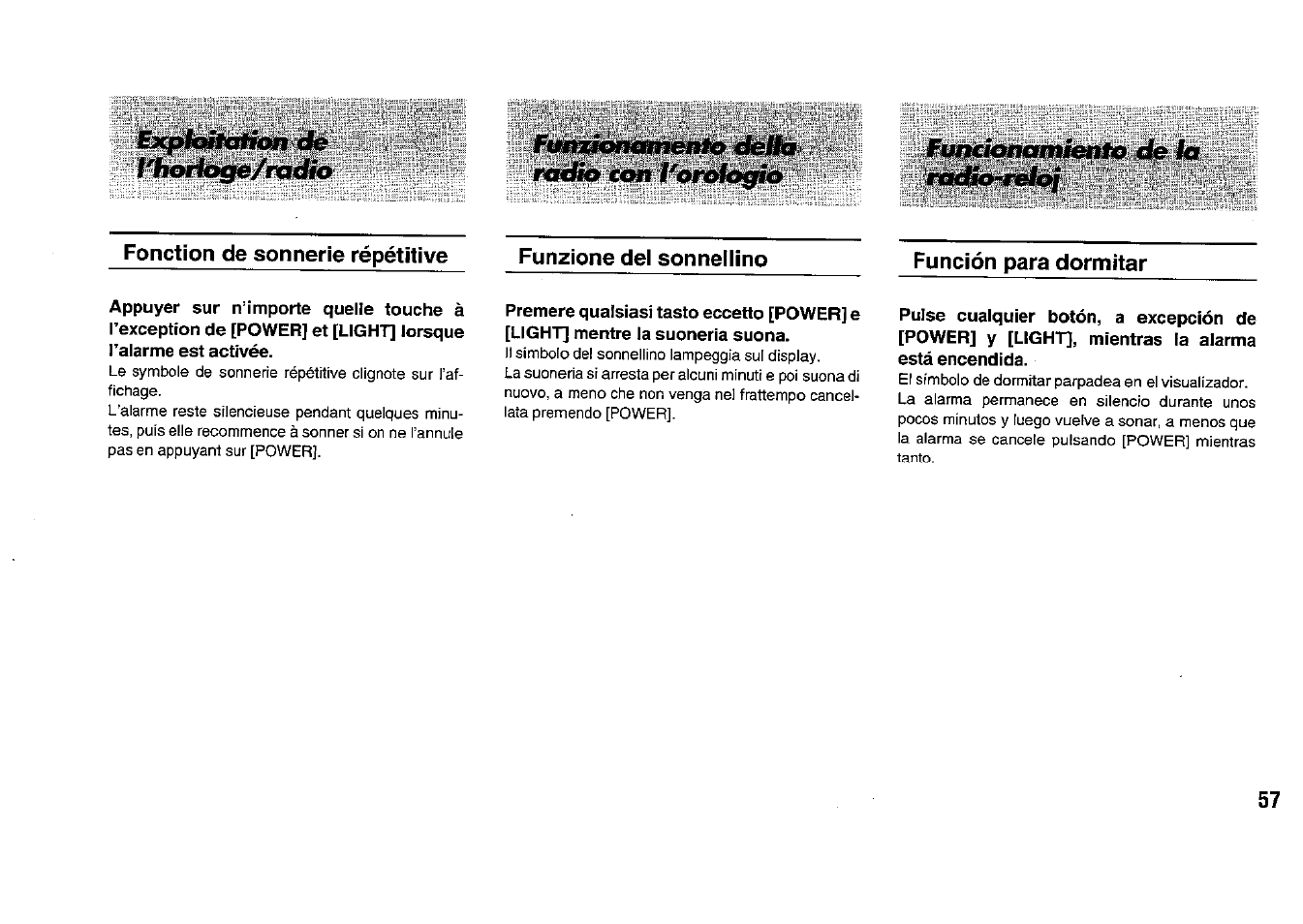 De la, Funzione dei sonneiiino, Función para dormitar | Panasonic RFB33 User Manual | Page 57 / 79