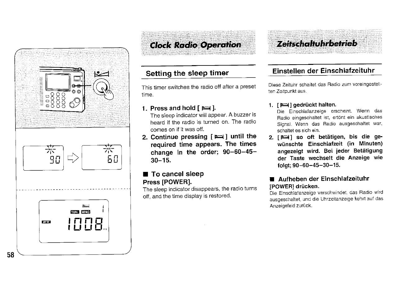 Setting the sleep timer, To cancel sleep press [power, Einstellen der einschlafzeituhr | [ ps=j| ] gedrückt halten, Clock radio 0§^rafion, Zeitschahuhrbefdeb | Panasonic RFB33 User Manual | Page 58 / 79