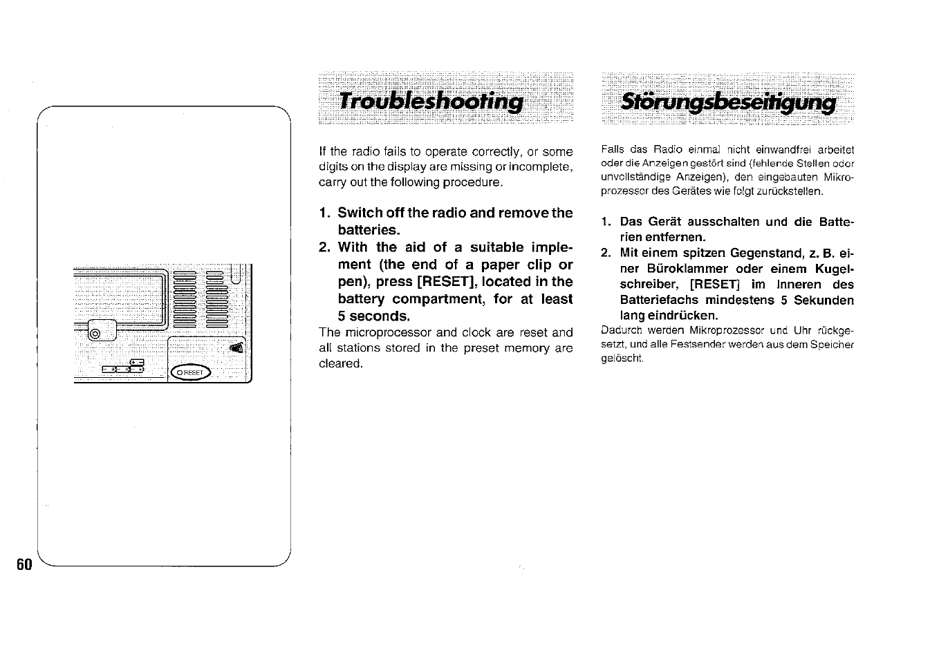 Troubleshooting, Shkxmgdses&hgwig, Das gerät ausschalten und die batterien entfernen | Panasonic RFB33 User Manual | Page 60 / 79