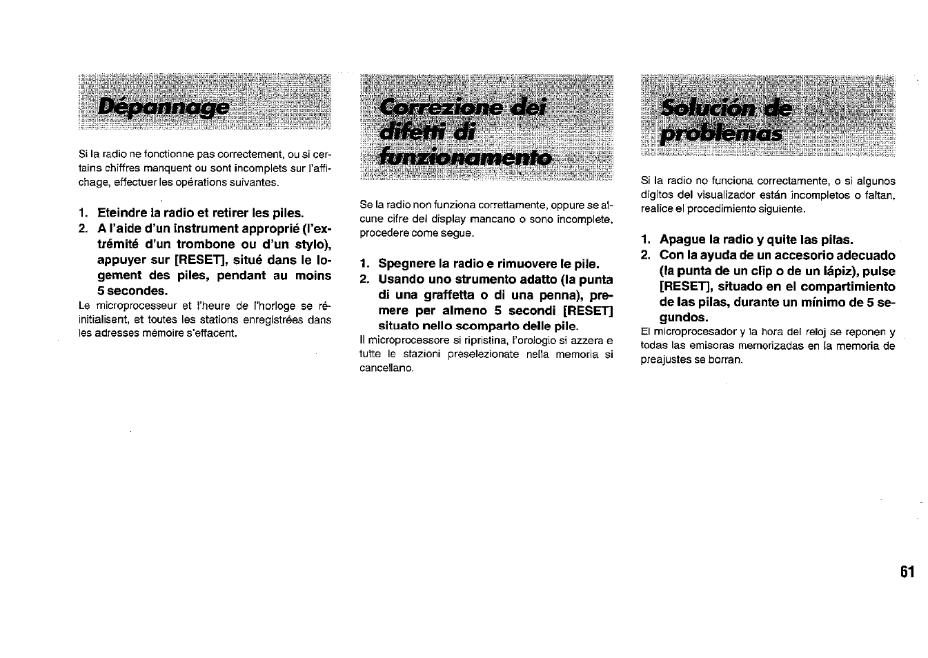 Eteindre la radio et retirer les piles, Spegnere la radio e rimuovere le pile, Sermón de | Apague la radio y quite las pilas | Panasonic RFB33 User Manual | Page 61 / 79