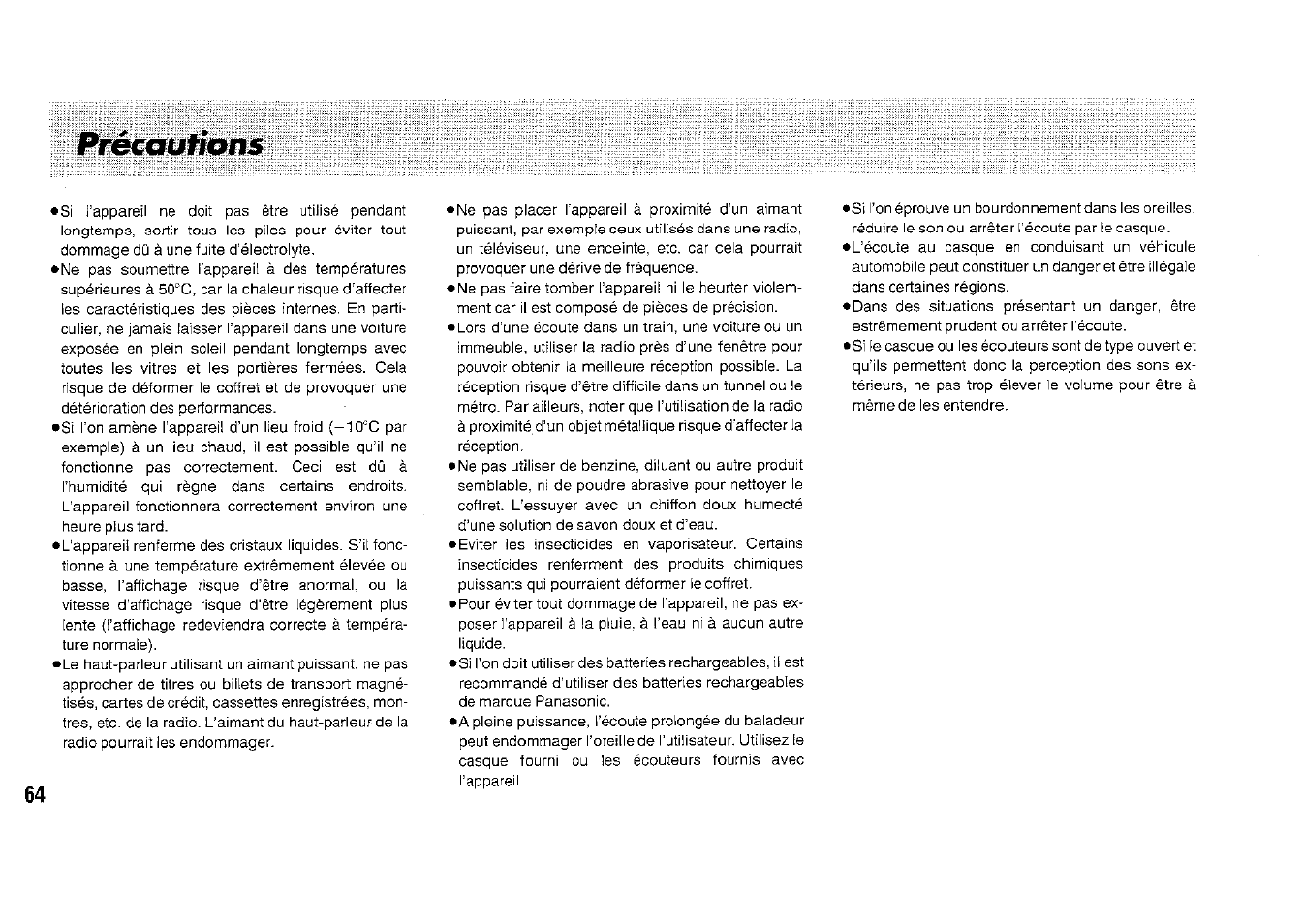Précautions | Panasonic RFB33 User Manual | Page 64 / 79