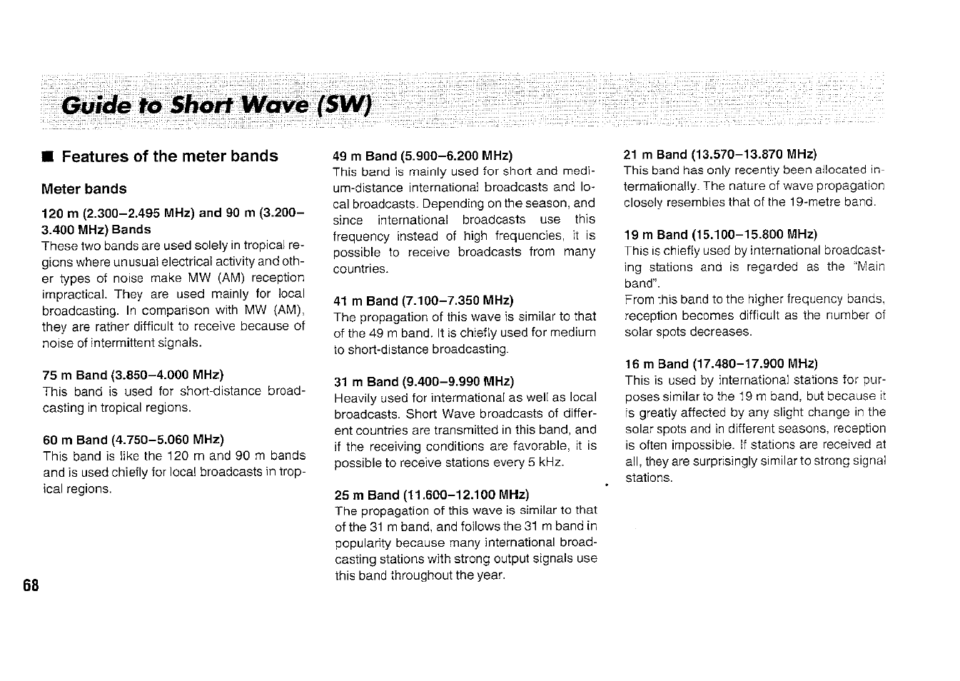 Guido to short wove (sw), Features of the meter bands, Meter bands | Guide to short wave | Panasonic RFB33 User Manual | Page 68 / 79