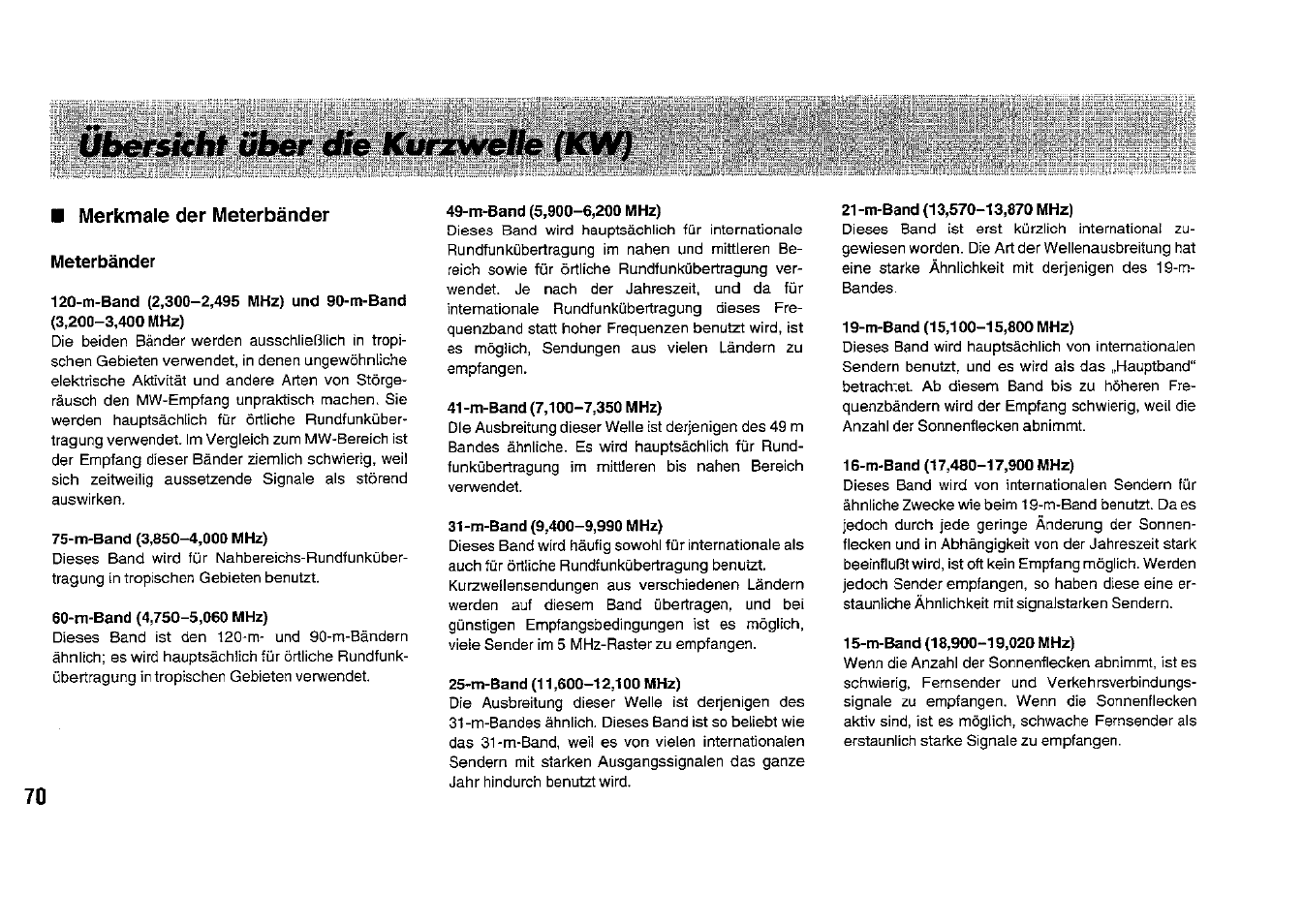 Übersicht über die kwzwefle (kwj, Merkmale der meterbänder, Meterbänder | Übersicht über die kurzwelle (kw), Kwzwefle (kwj, Übersicht über die | Panasonic RFB33 User Manual | Page 70 / 79