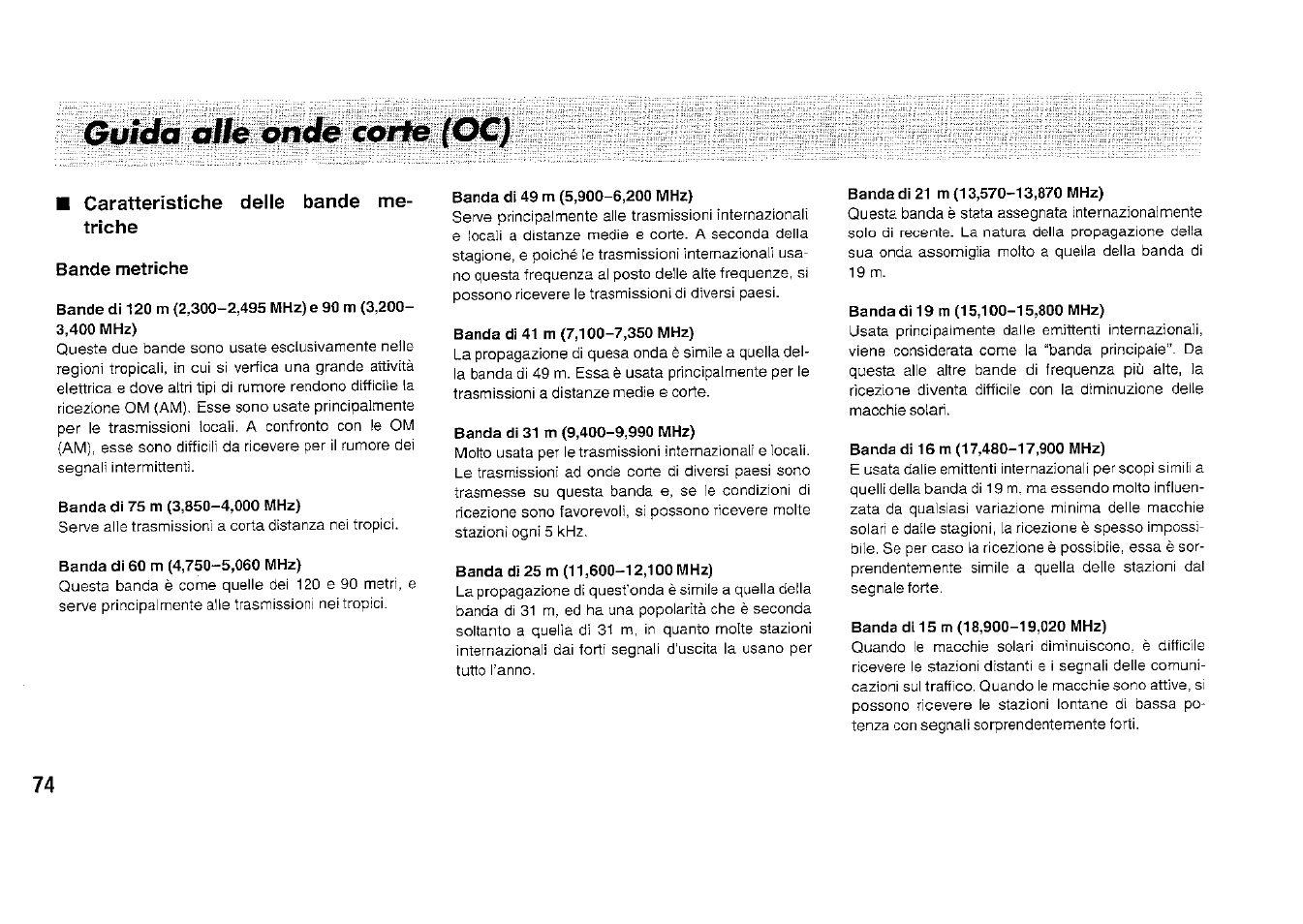 Guida aiíe onde corte (oc), M caratteristiche delle bande metriche, Bande metriche | Guida alle onde corte (oc) | Panasonic RFB33 User Manual | Page 74 / 79