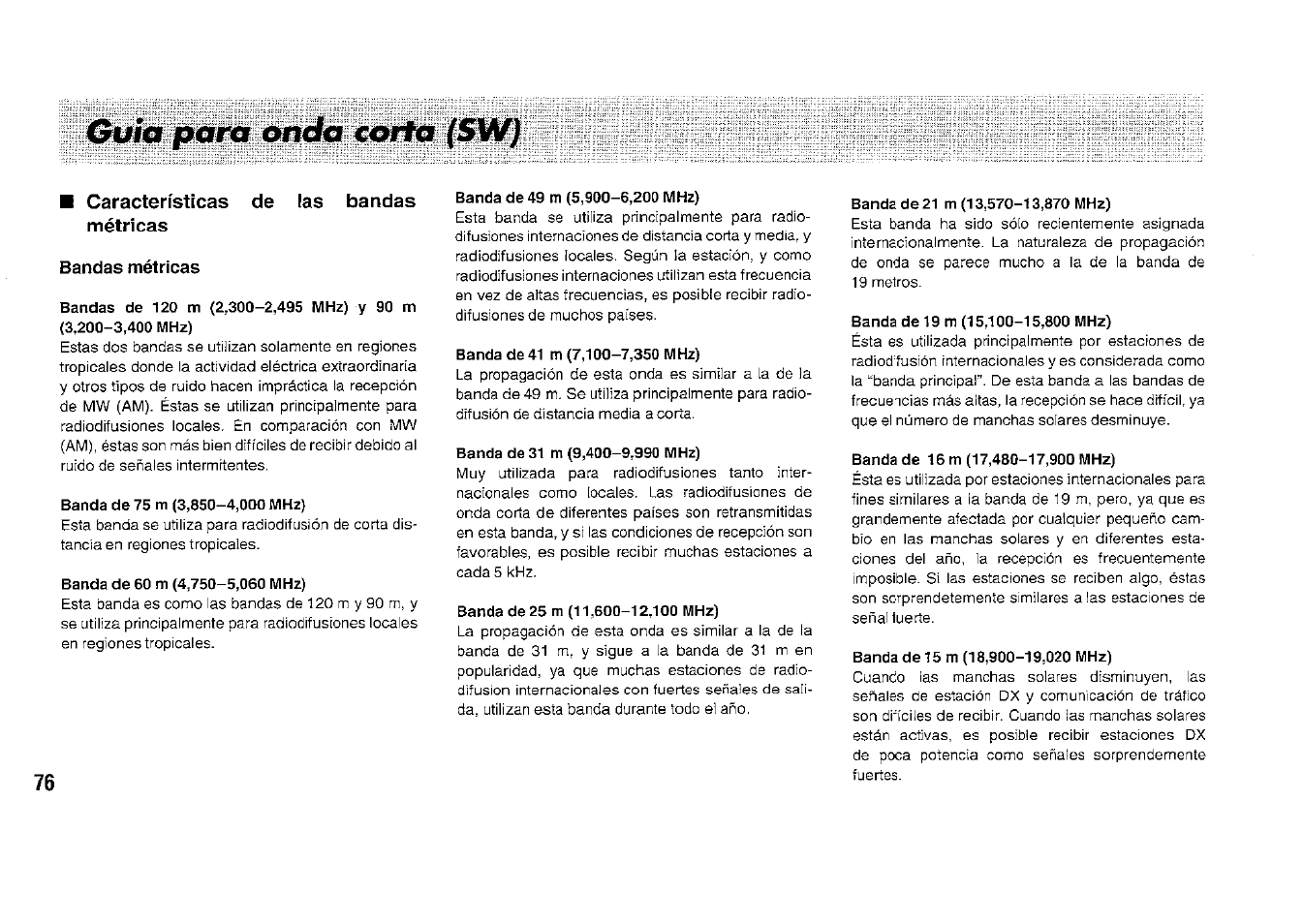 Guia para àmda corta (sw), Características de las bandas métricas, Bandas métricas | Guia para onda corta (sw) | Panasonic RFB33 User Manual | Page 76 / 79