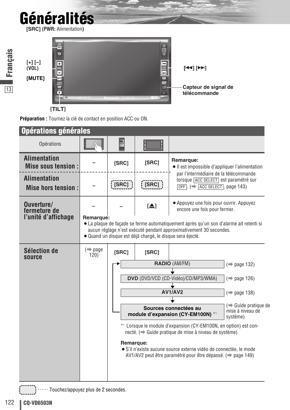 Généralités, Français, Opérations générales | Ouverture/ fermeture de l’unité d’affichage, Alimentation mise hors tension | Panasonic CQVD6503N User Manual | Page 14 / 100