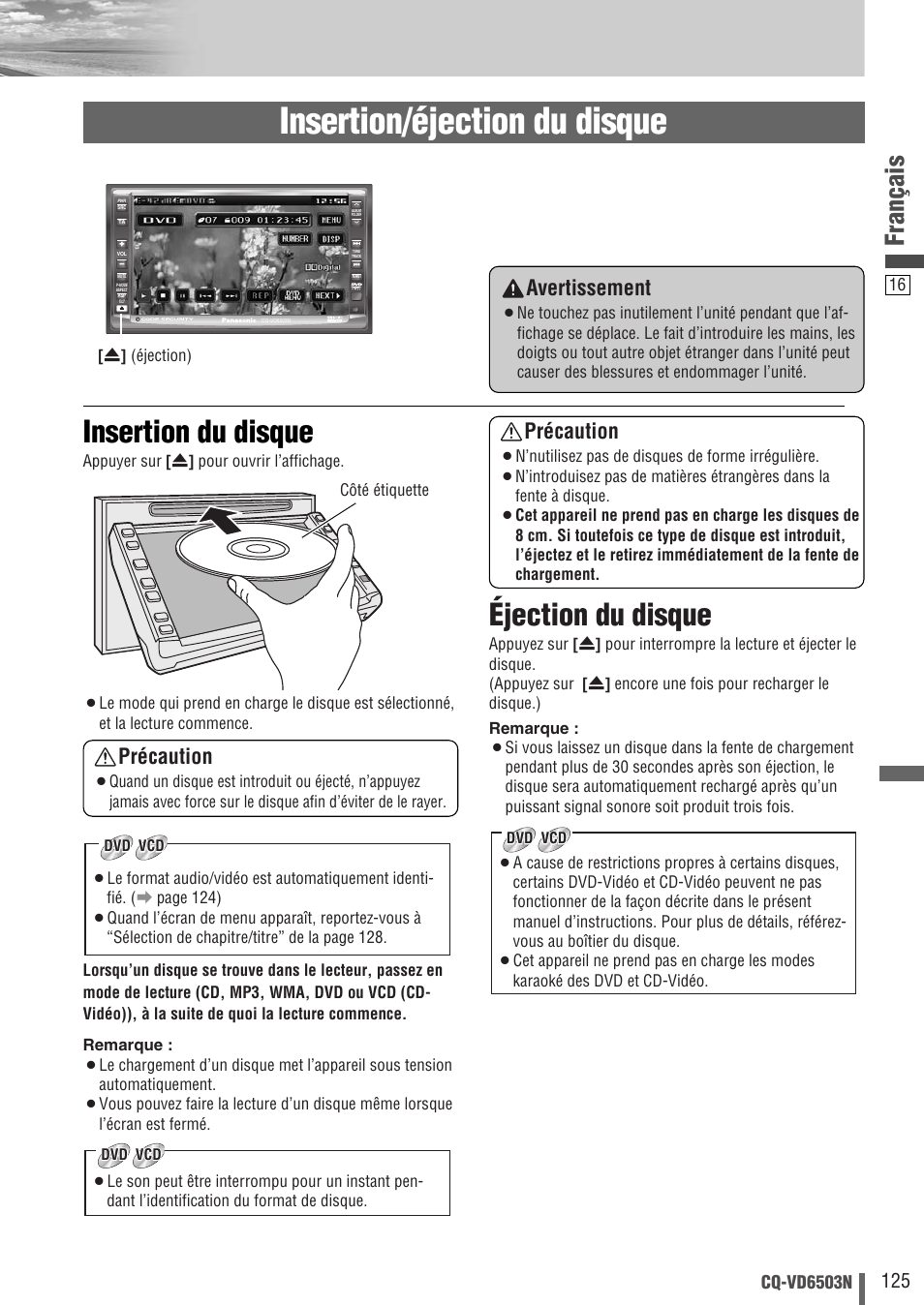 Insertion/éjection du disque, Insertion du disque, Éjection du disque | Français, Précaution, Avertissement | Panasonic CQVD6503N User Manual | Page 17 / 100