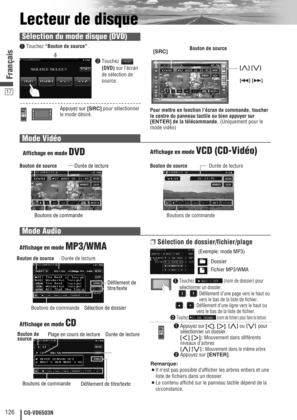 Lecteur de disque, Mp3/wma, Vcd (cd-vidéo) | Français, Mode vidéo, Mode audio, Sélection du mode disque (dvd), Sélection de dossier/fichier/plage | Panasonic CQVD6503N User Manual | Page 18 / 100