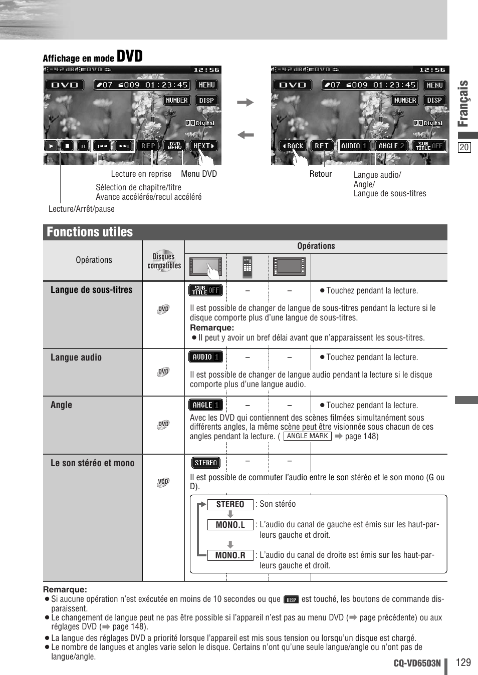 Français, Fonctions utiles | Panasonic CQVD6503N User Manual | Page 21 / 100