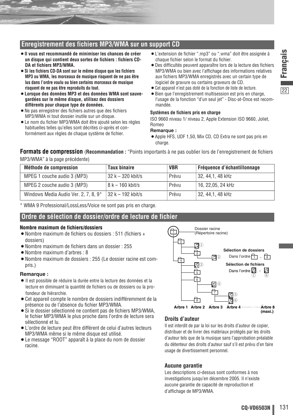 Français, Formats de compression | Panasonic CQVD6503N User Manual | Page 23 / 100