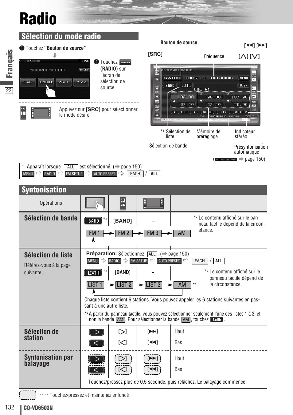 Radio, Français, Syntonisation | Sélection du mode radio, Sélection de bande sélection de liste, Sélection de station syntonisation par balayage | Panasonic CQVD6503N User Manual | Page 24 / 100