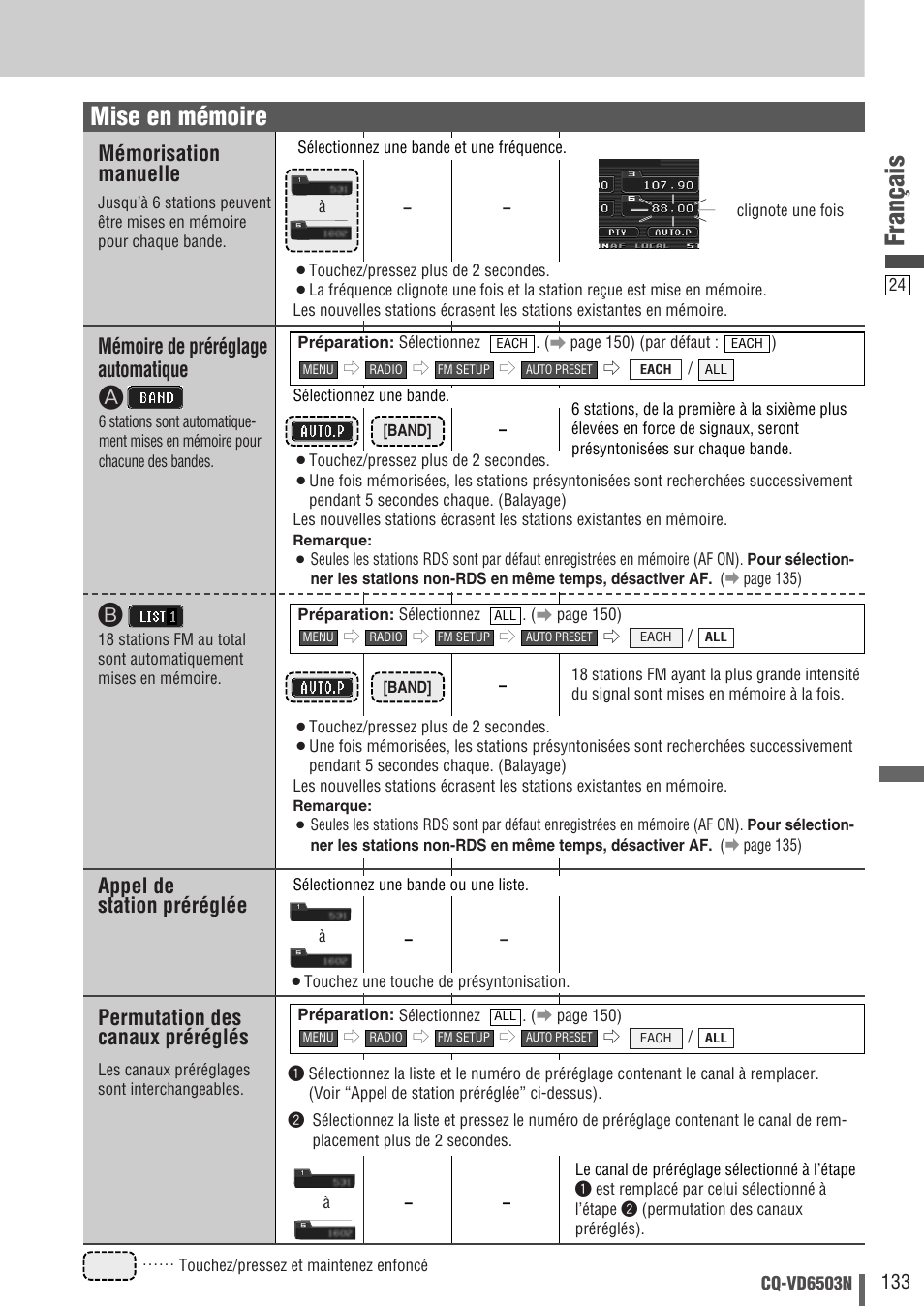 Français, Mise en mémoire, Mémorisation manuelle | Appel de station préréglée, Mémoire de préréglage automatique, Permutation des canaux préréglés | Panasonic CQVD6503N User Manual | Page 25 / 100