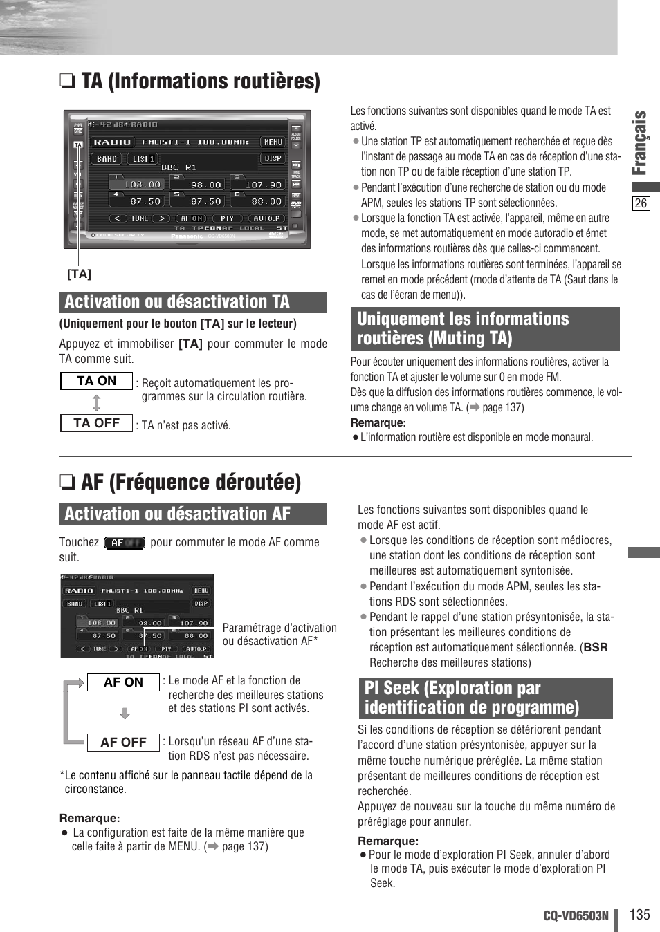 Français, Uniquement les informations routières (muting ta) | Panasonic CQVD6503N User Manual | Page 27 / 100