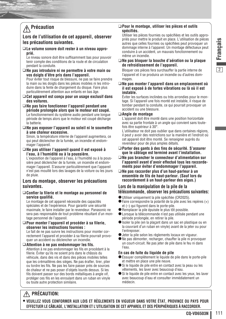 Français, Précaution | Panasonic CQVD6503N User Manual | Page 3 / 100