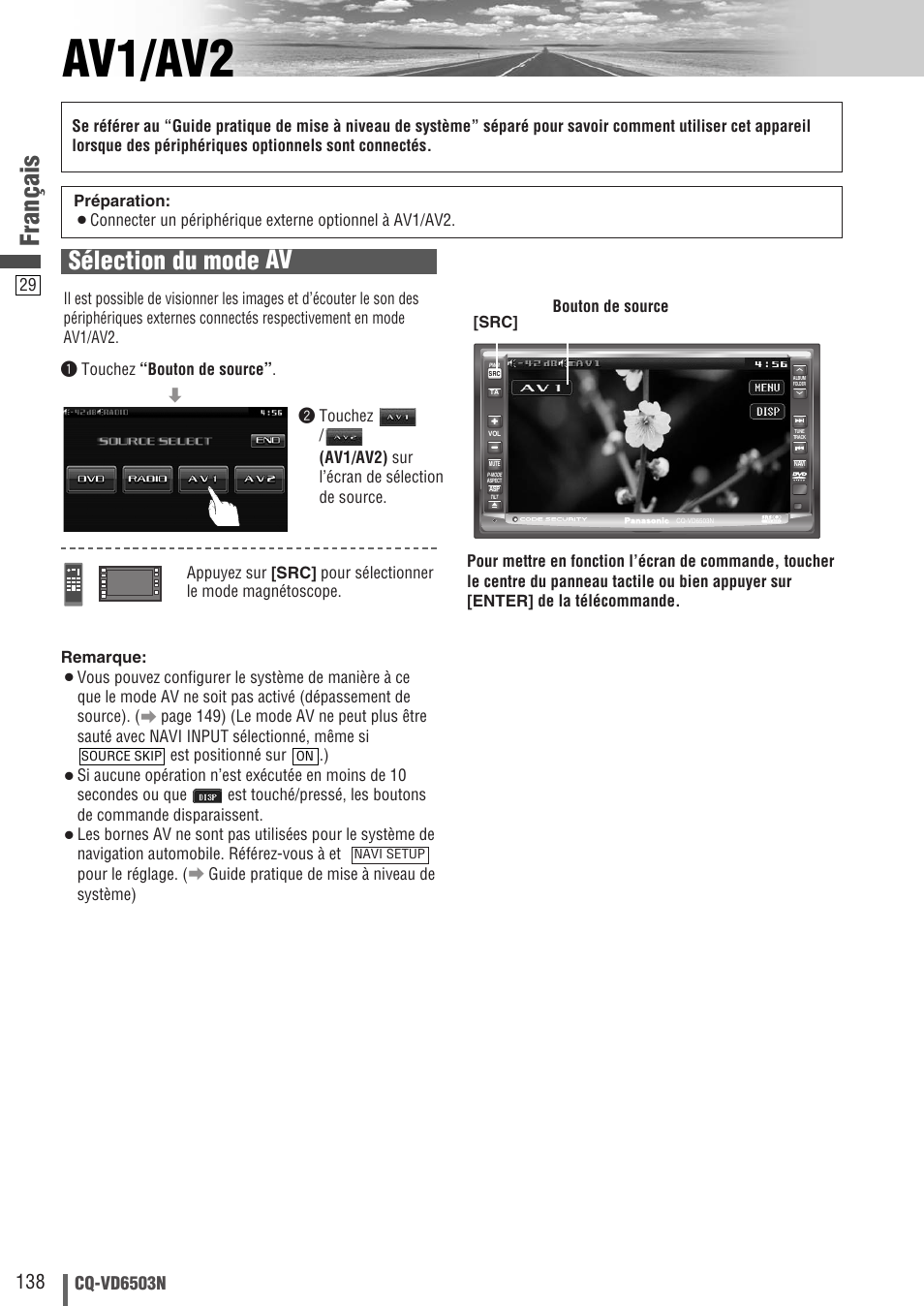 Av1/av2, Français, Sélection du mode av | Cq-vd6503n | Panasonic CQVD6503N User Manual | Page 30 / 100