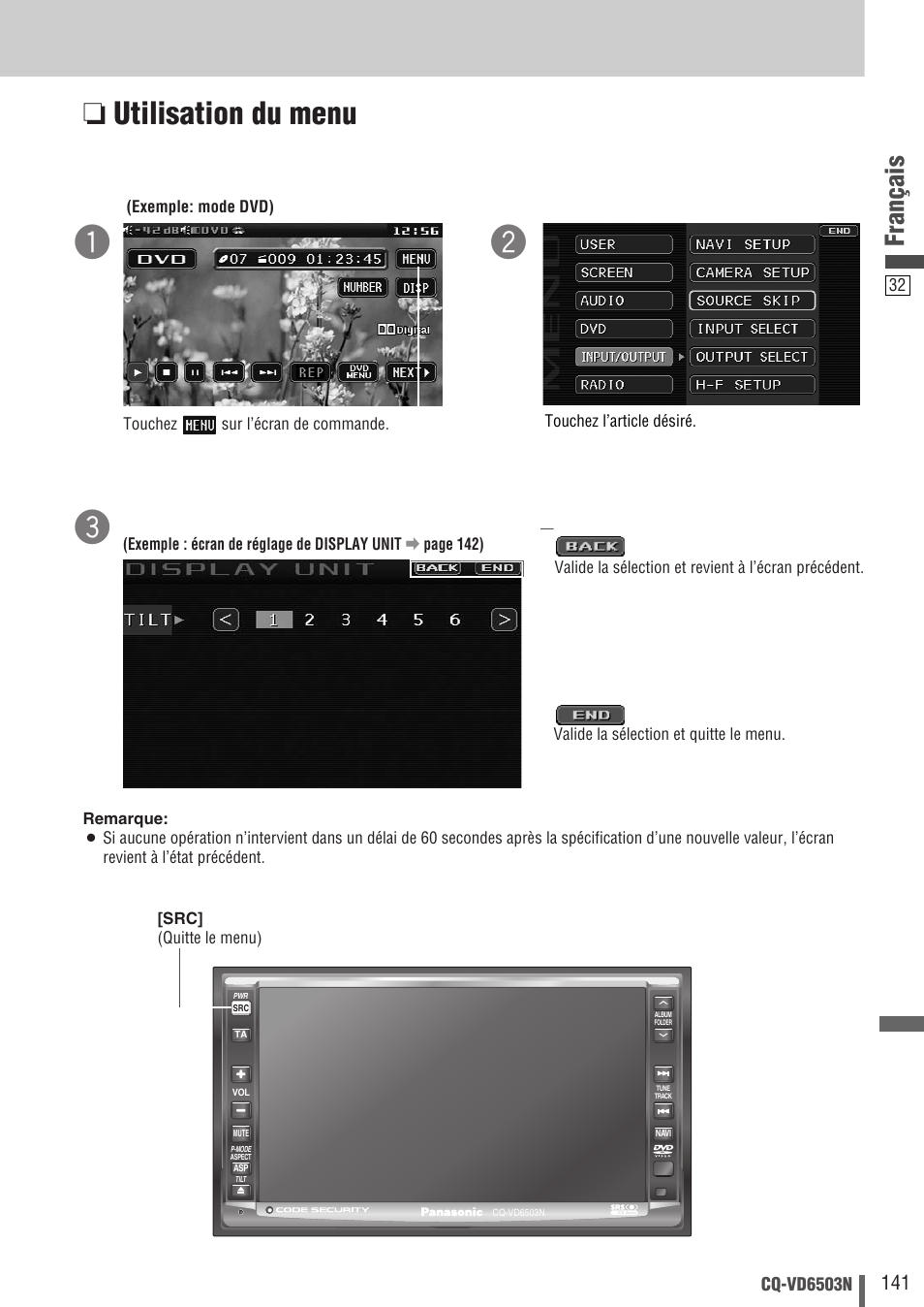 Utilisation du menu, Français | Panasonic CQVD6503N User Manual | Page 33 / 100