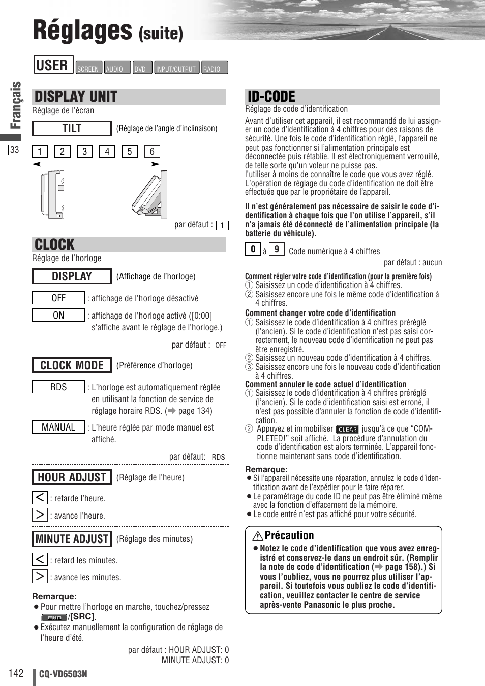 Réglages, Suite), Clock | Id-code, Display unit, User, Français, Minute adjust, Hour adjust, Clock mode | Panasonic CQVD6503N User Manual | Page 34 / 100