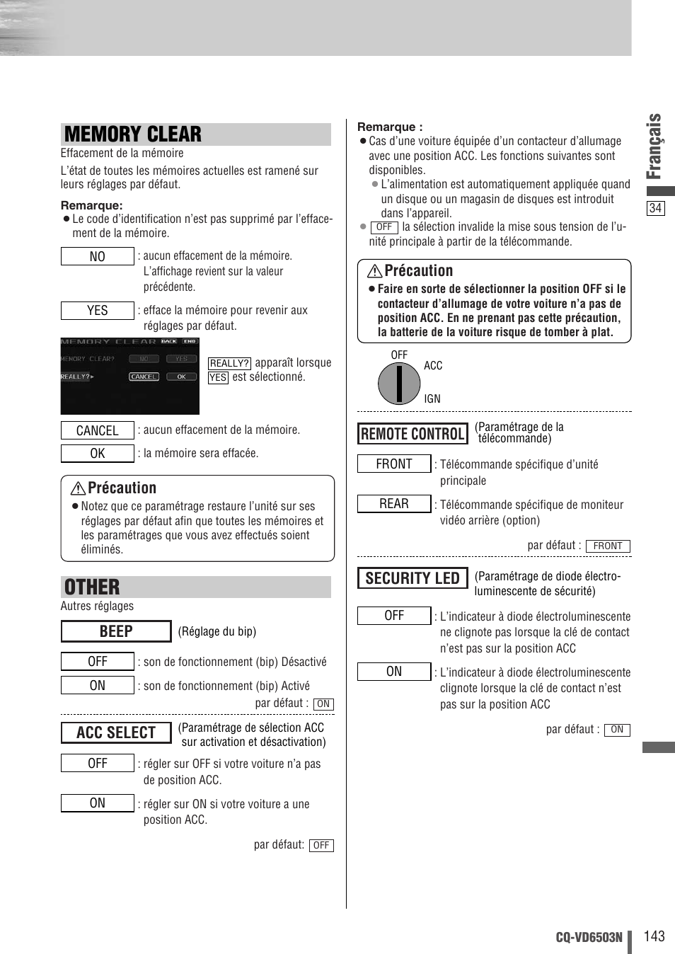 Other, Français, Security led | Remote control, Acc select, Beep précaution, Précaution | Panasonic CQVD6503N User Manual | Page 35 / 100
