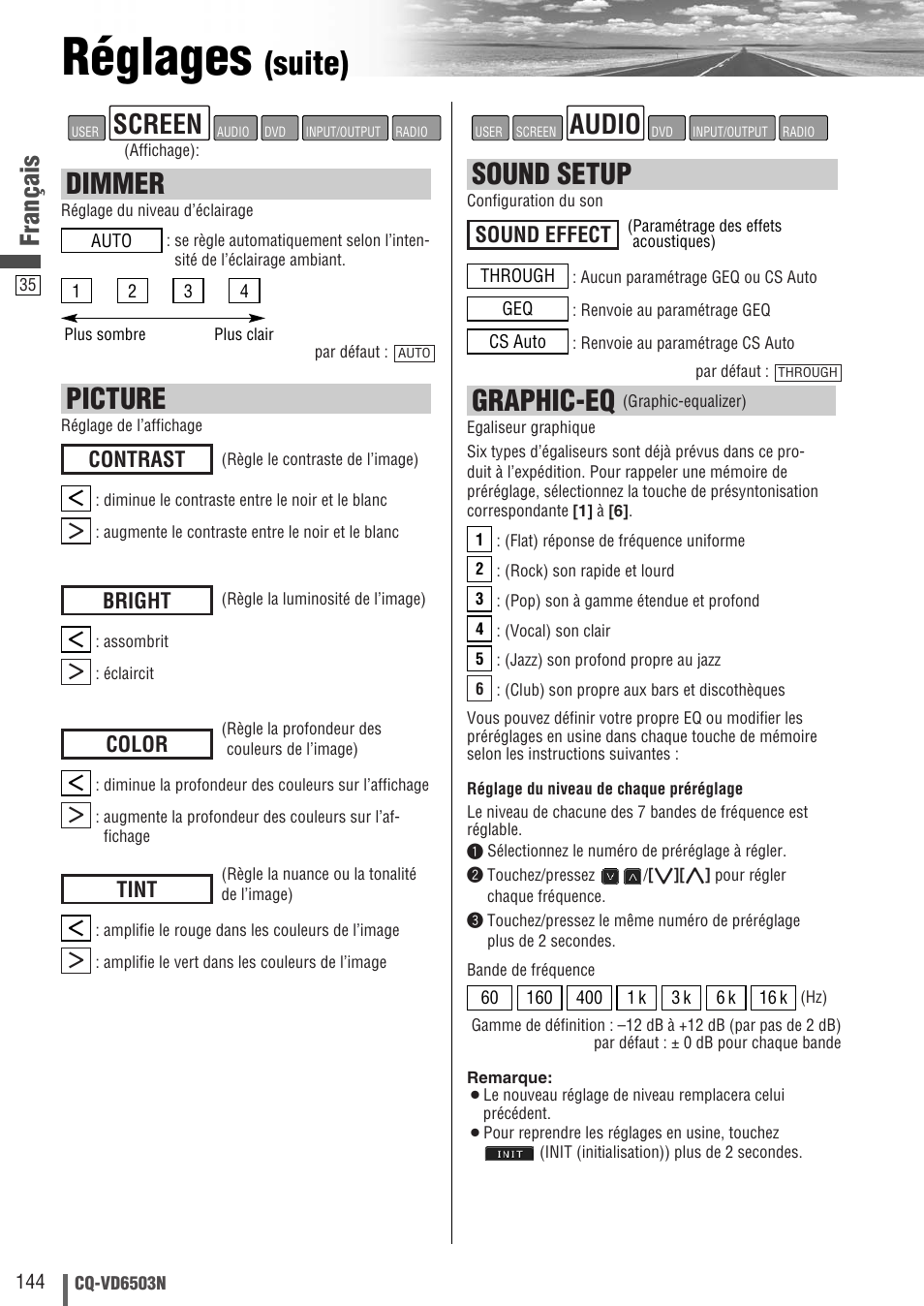 Réglages, Suite), Dimmer | Picture, Graphic-eq, Sound setup, Audio, Screen, Français, Contrast | Panasonic CQVD6503N User Manual | Page 36 / 100